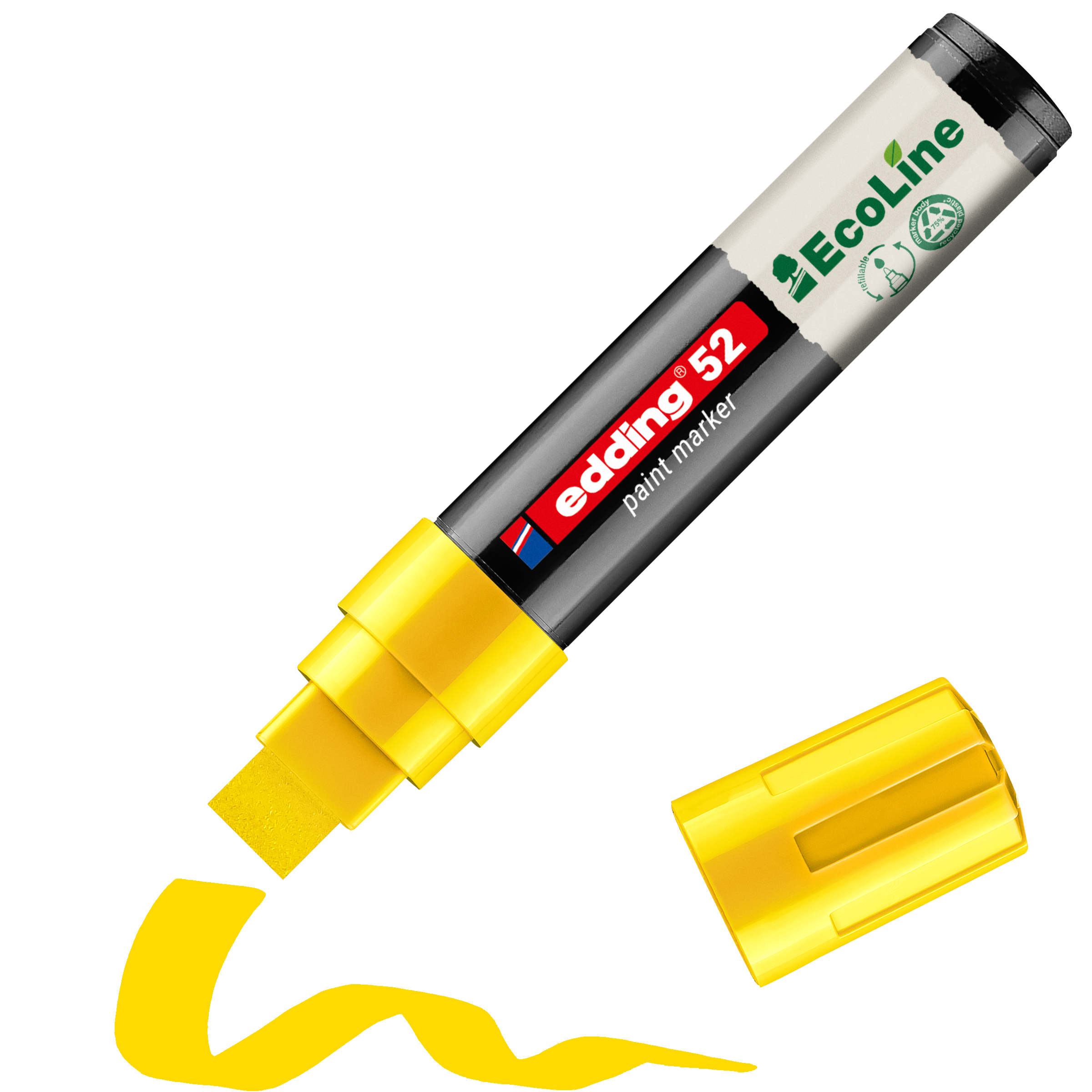 edding 52 EcoLine Lackmarker, wasserbasiert in Gelb mit offener Kappe und einem gemaltem Strich