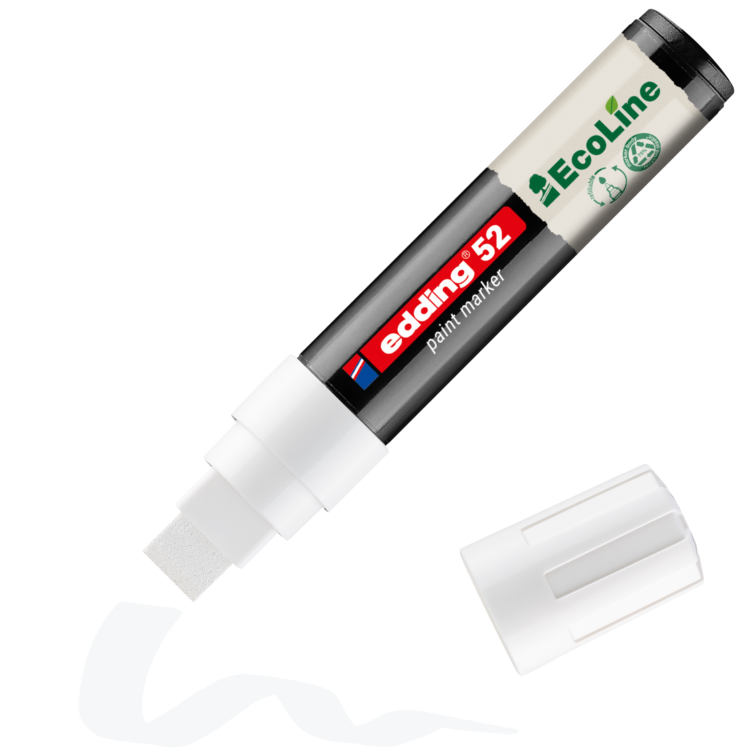 edding 52 EcoLine Lackmarker, wasserbasiert in Weiß mit offener Kappe und einem gemaltem Strich