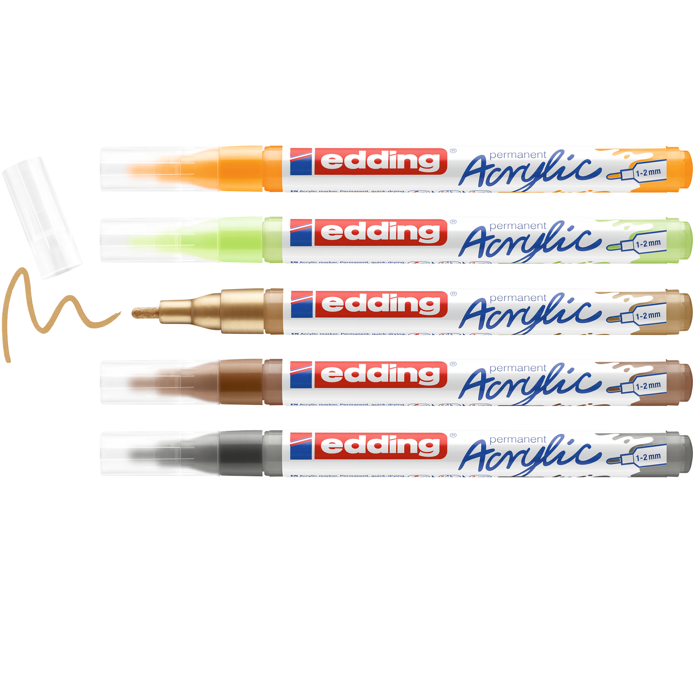 Das edding 5300 Acrylmarker fein 5er-Set von edding beinhaltet Gold-, Silber-, Kupfer-, Neongelb- und Orangemarker (Spitzen 1–2 mm); Der unbedeckte orangefarbene Marker zeigt ein lebhaftes Kringelmuster – ideal für Künstlerausstattung und Acrylfarbe im Markerformat.