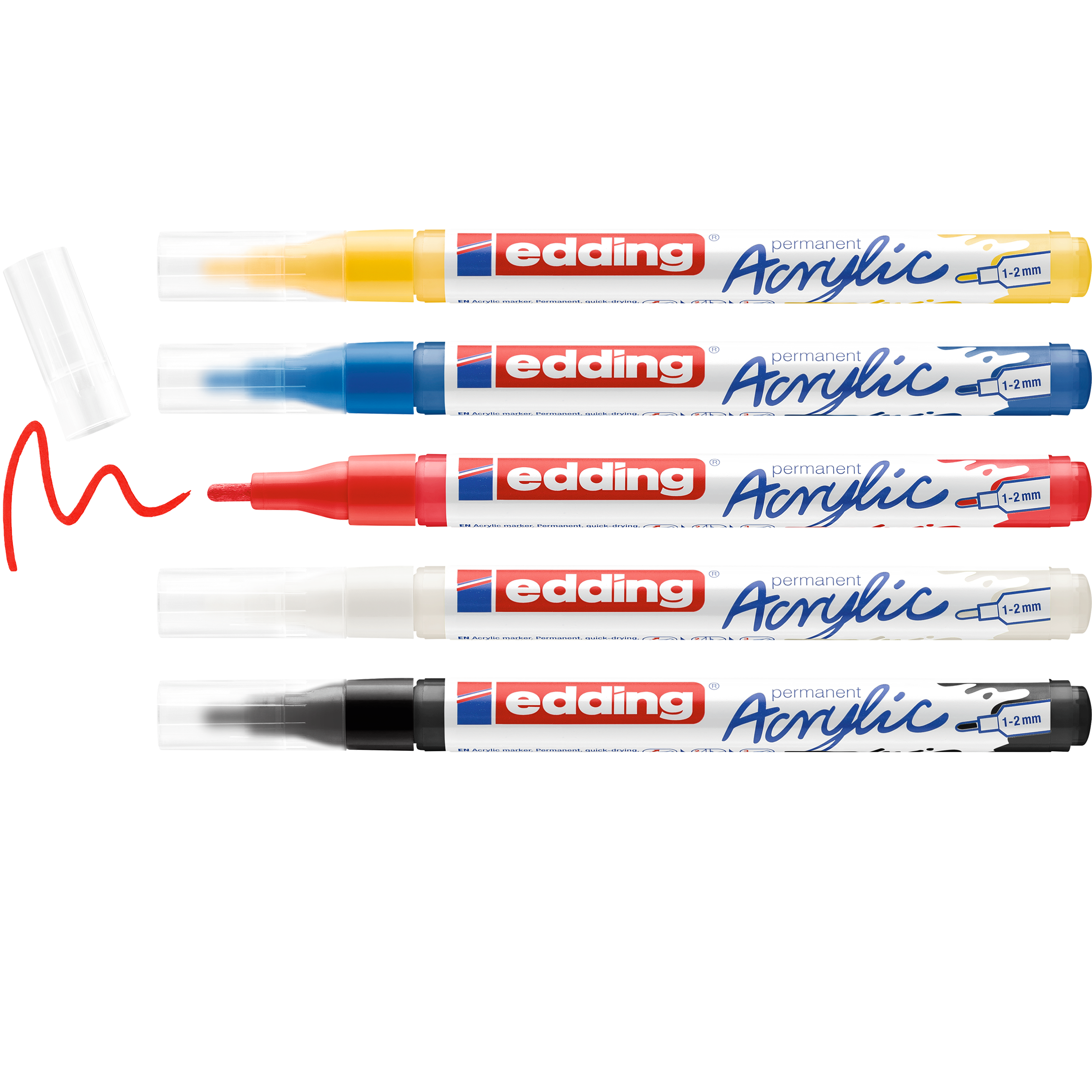 Das edding 5300 Acrylmarker fein 5er-Set von edding ist ohne Kappe in den Farben Gelb, Blau, Rot und Schwarz erhältlich. Der rote Marker weist eine Wellenlinie auf – ideal für alle, die Acrylfarbe im Markerformat für ihre Künstlerausstattung suchen.