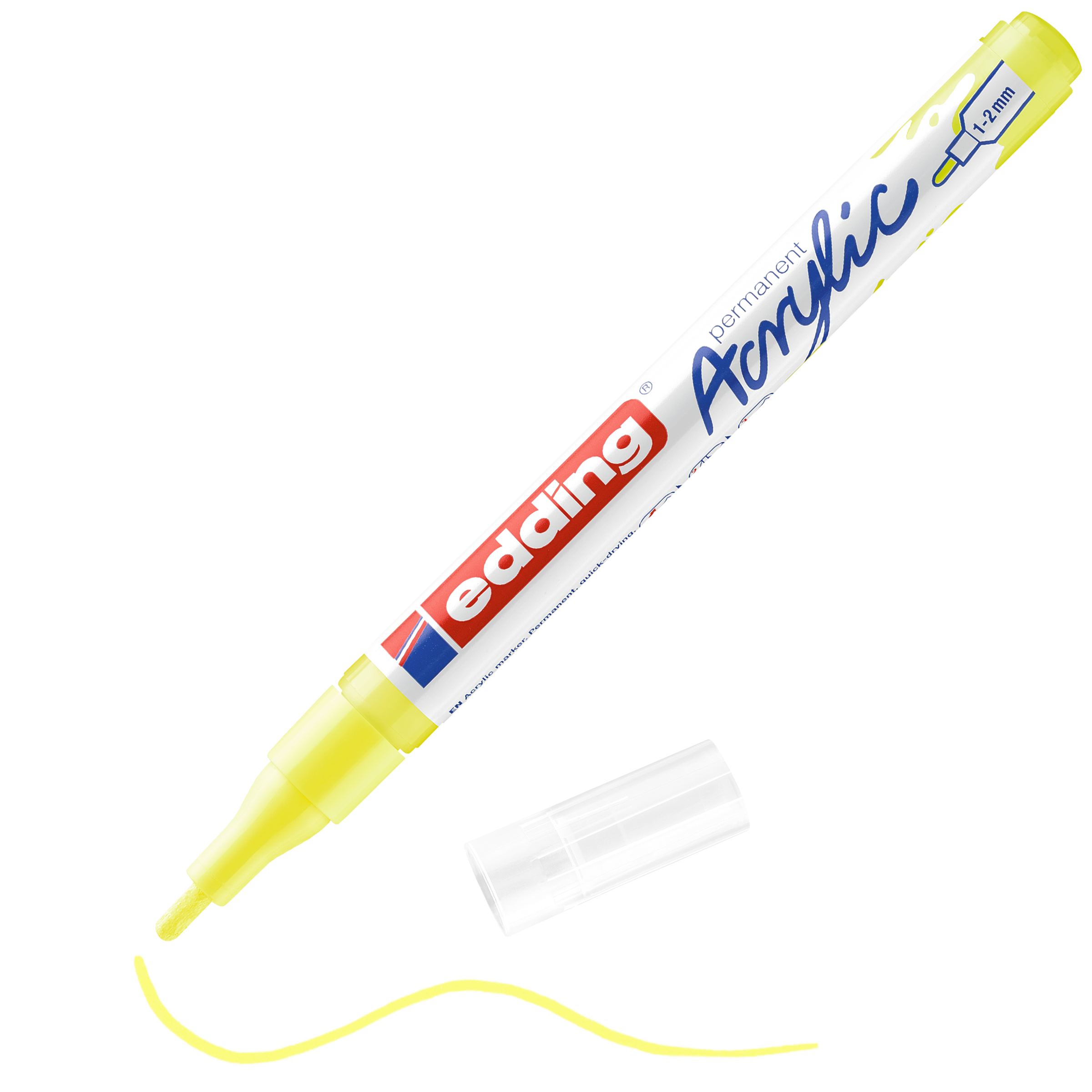 Ein gelber edding 5300 Acrylmarker fein ohne Kappe, der die Spitze und eine gelbe Wellenlinie zeigt. Ideal für Künstleraustattungen oder kreative Acrylmalprojekte.
