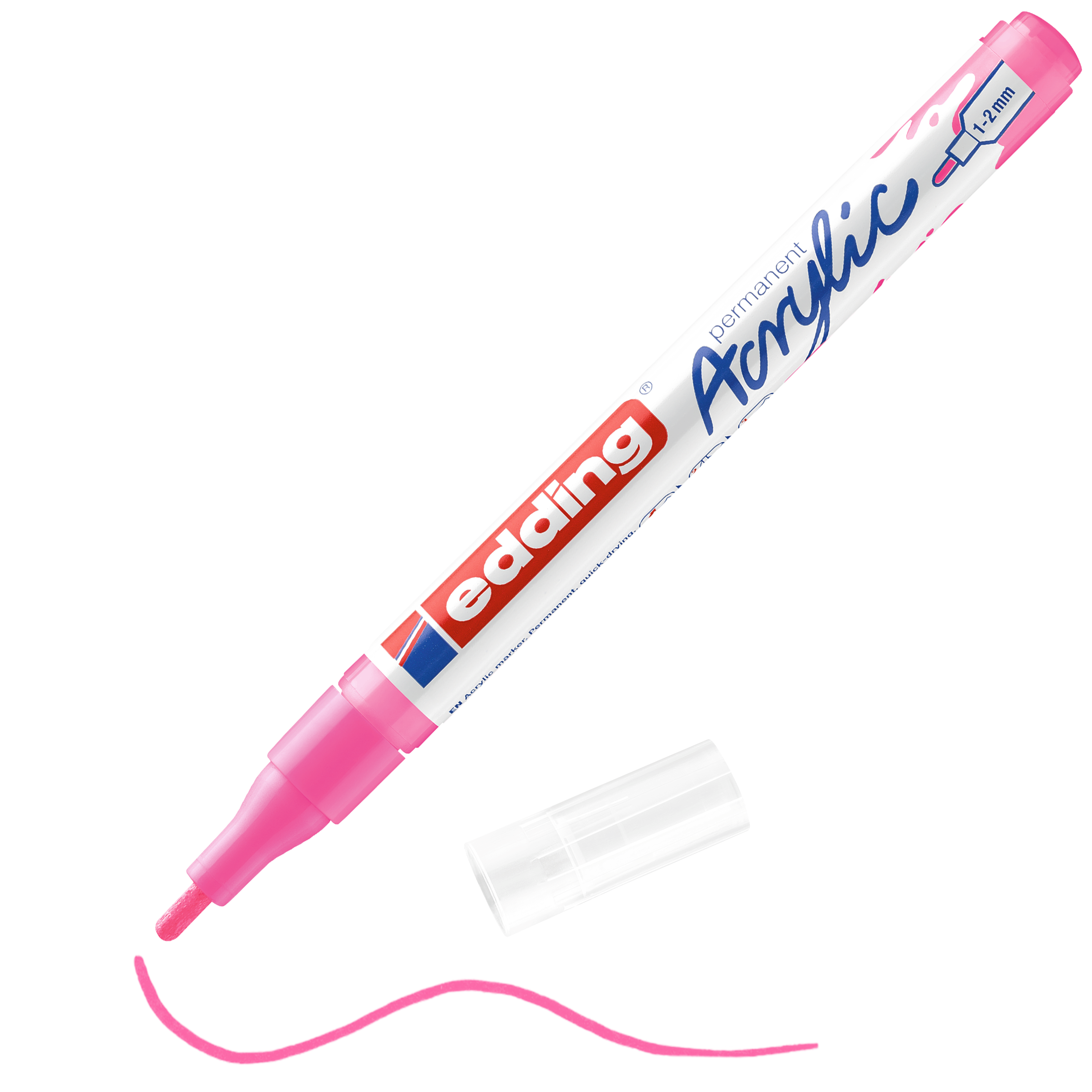 Ein rosafarbener edding 5300 Acrylmarker fein mit abgenommener transparenter Kappe gibt den Blick auf die feine Spitze und eine geschwungene rosa Linie frei, auf der das edding-Logo zu sehen ist – perfekt für das Werkzeugset jedes Künstlers.