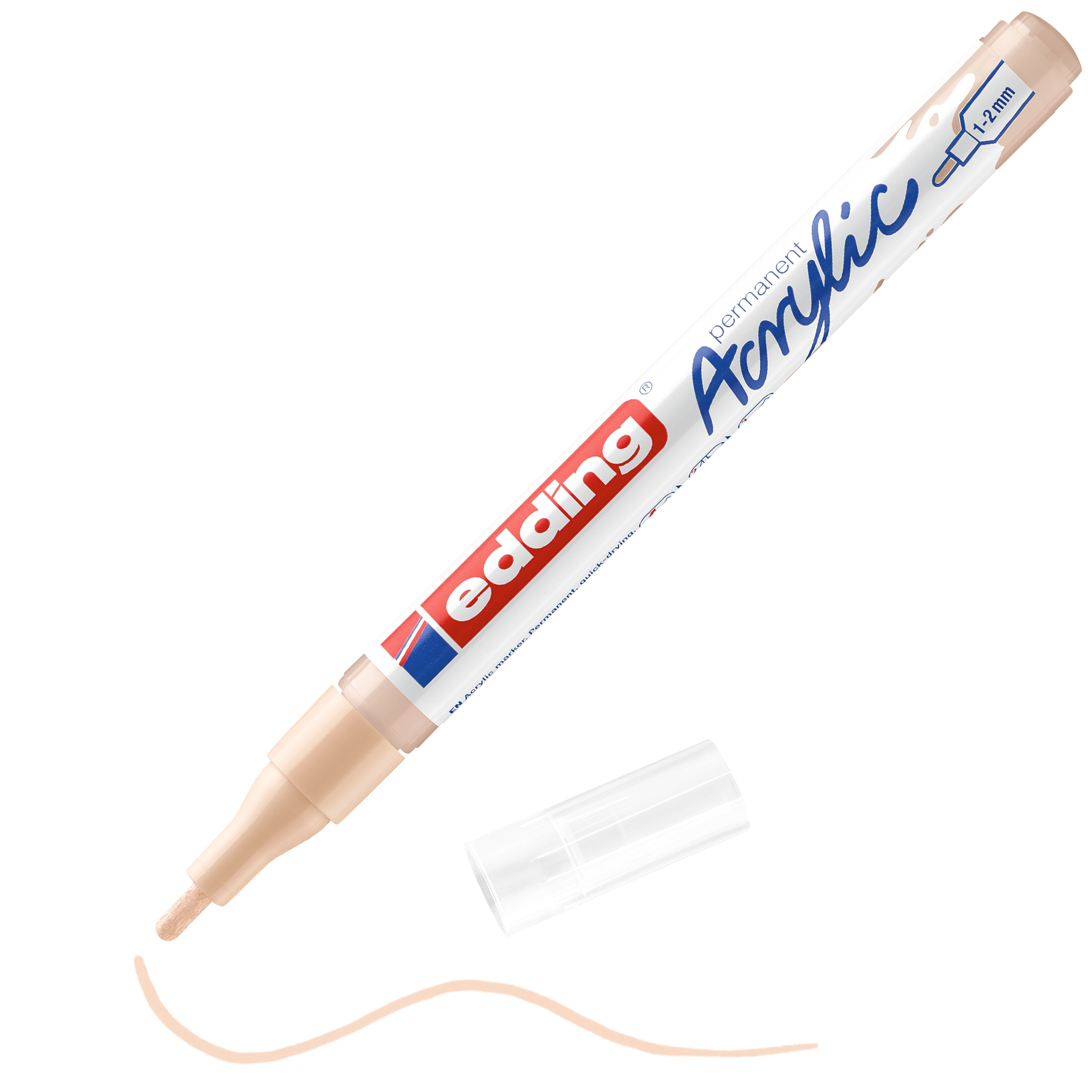 Der beige edding 5300 Acrylmarker fein zeigt ohne Kappe die Spitze und eine gewellte Linie aus beigefarbener Acrylfarbe. Der Marker trägt die Aufschrift „Acrylic“ und „1-2mm“ in blauer Schrift. Ideal für Künstlerbedarf. Marke: edding.