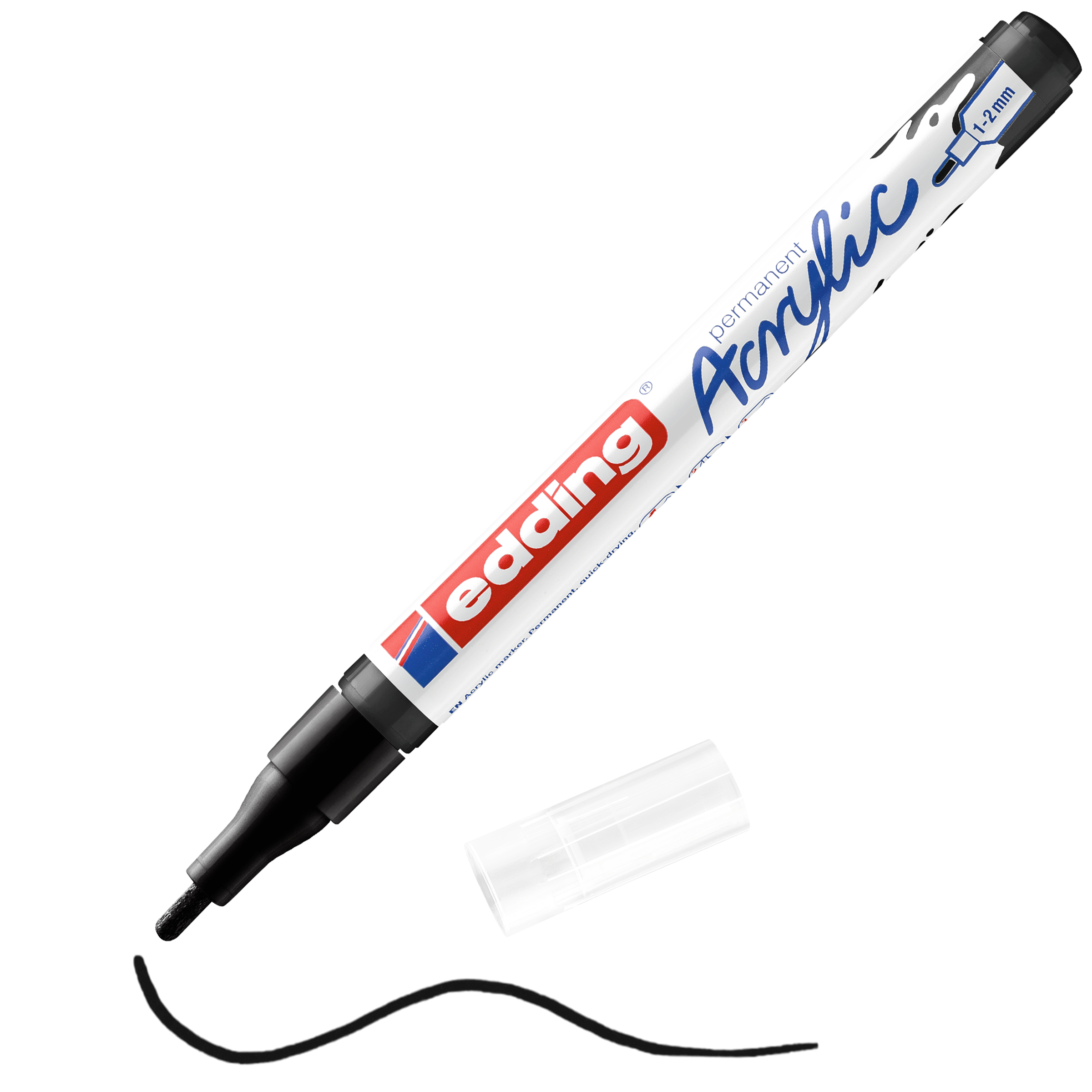 Ein schwarzer edding 5300 Acrylmarker fein mit weißem Gehäuse und der Aufschrift „edding Acrylic permanent“ sowie einer 1–2 mm breiten Spitze wird ohne Kappe und mit einer schwarzen Linie unter der Spitze präsentiert – perfekt für Künstlerbedarf.