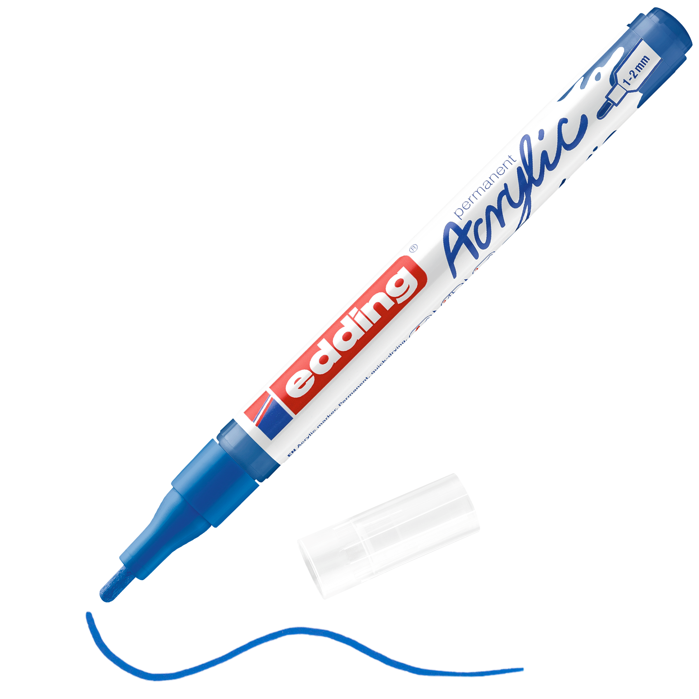 Ein edding 5300 Acrylmarker fein (blau) ohne Kappe weist eine blaue Linie auf, ist mit „Acrylic Permanent“ beschriftet, hat eine 1–2 mm Spitze und eignet sich perfekt für die Künstlerausstattung.