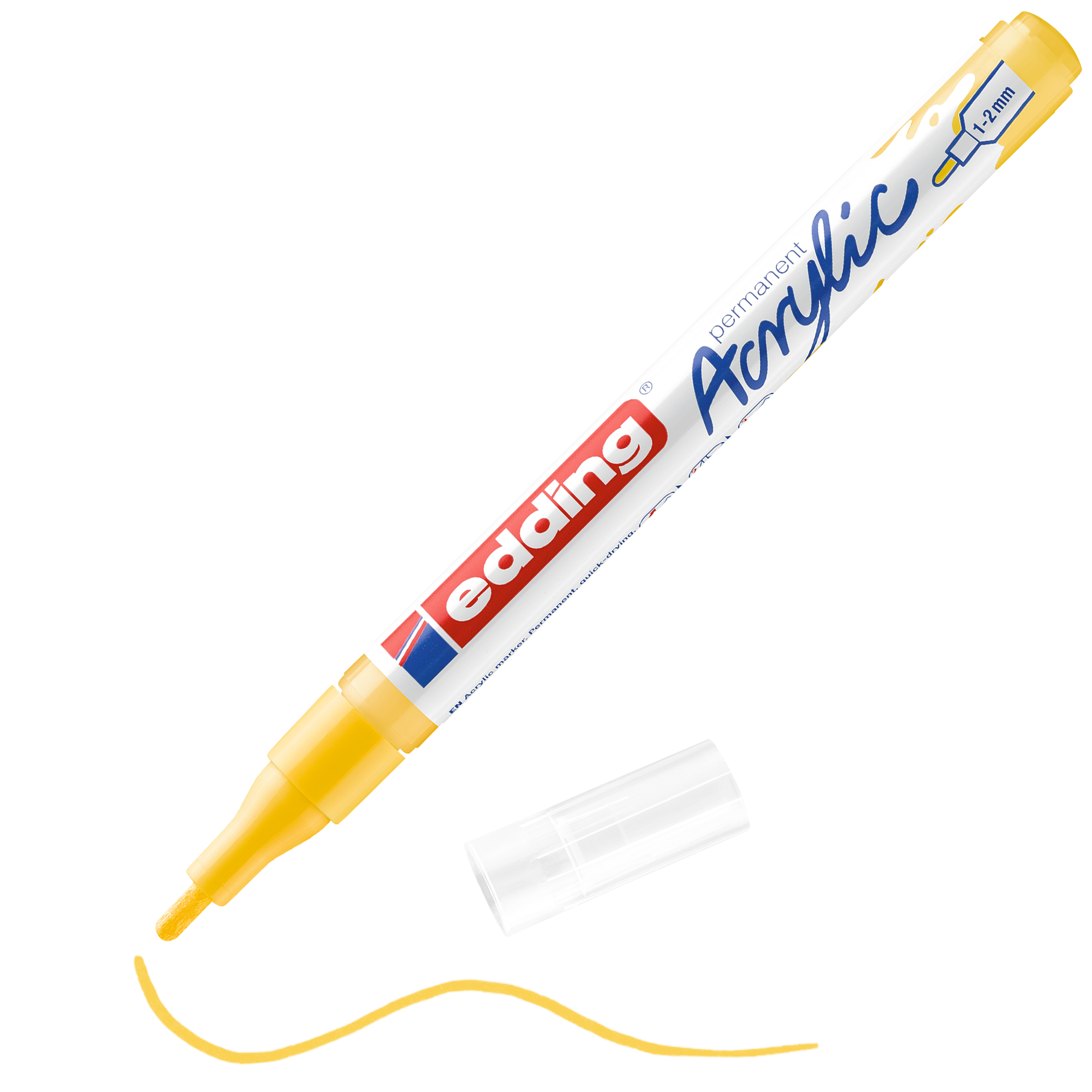 Ein edding 5300 Acrylmarker fein in Gelb liegt ohne Kappe auf einer weißen Fläche. Eine gewellte gelbe Acryllinie in der Nähe der Spitze demonstriert seine Präzision – ideal für jedes Künstlerwerkzeug.