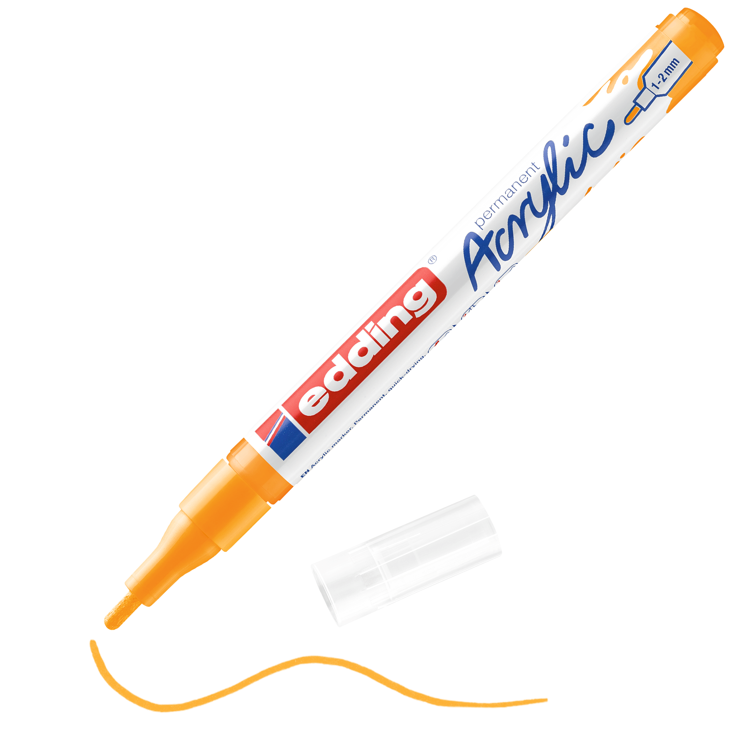 Ein orangefarbener edding 5300 Acrylmarker fein ohne Kappe liegt neben einer transparenten Kappe, unter deren Spitze sich eine orange Linie befindet. Ideal für die Künstlerausstattung, auf dem Etikett steht „edding permanent Acryl 1-2 mm“.