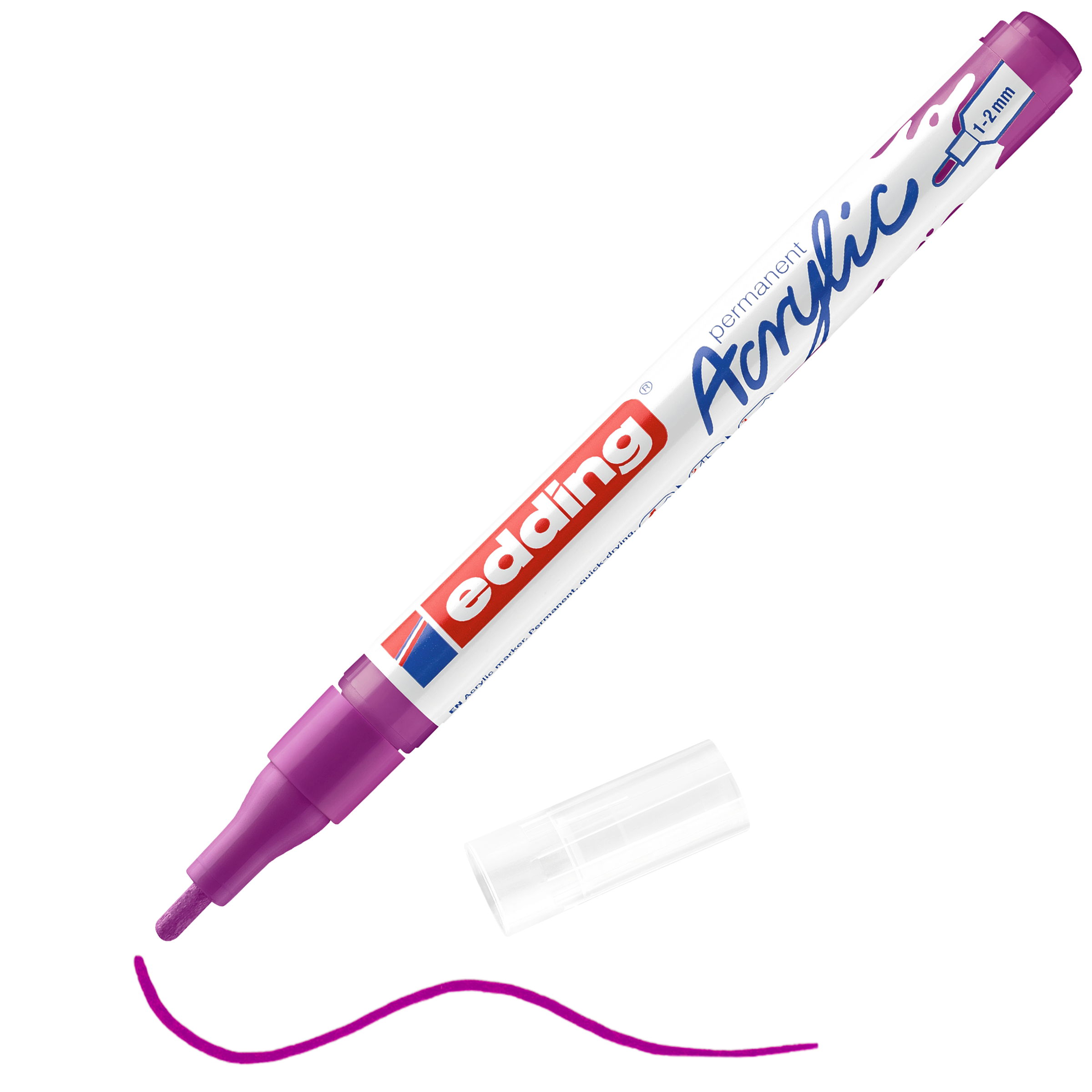 Ein violetter edding 5300 Acrylmarker fein ohne Kappe zeigt die Spitze und darunter eine violette Wellenlinie. Mit der Aufschrift „edding permanent Acryl 1-2 mm“ ist er ideal für Künstlerausstattungen und kreative Acrylfarbprojekte.