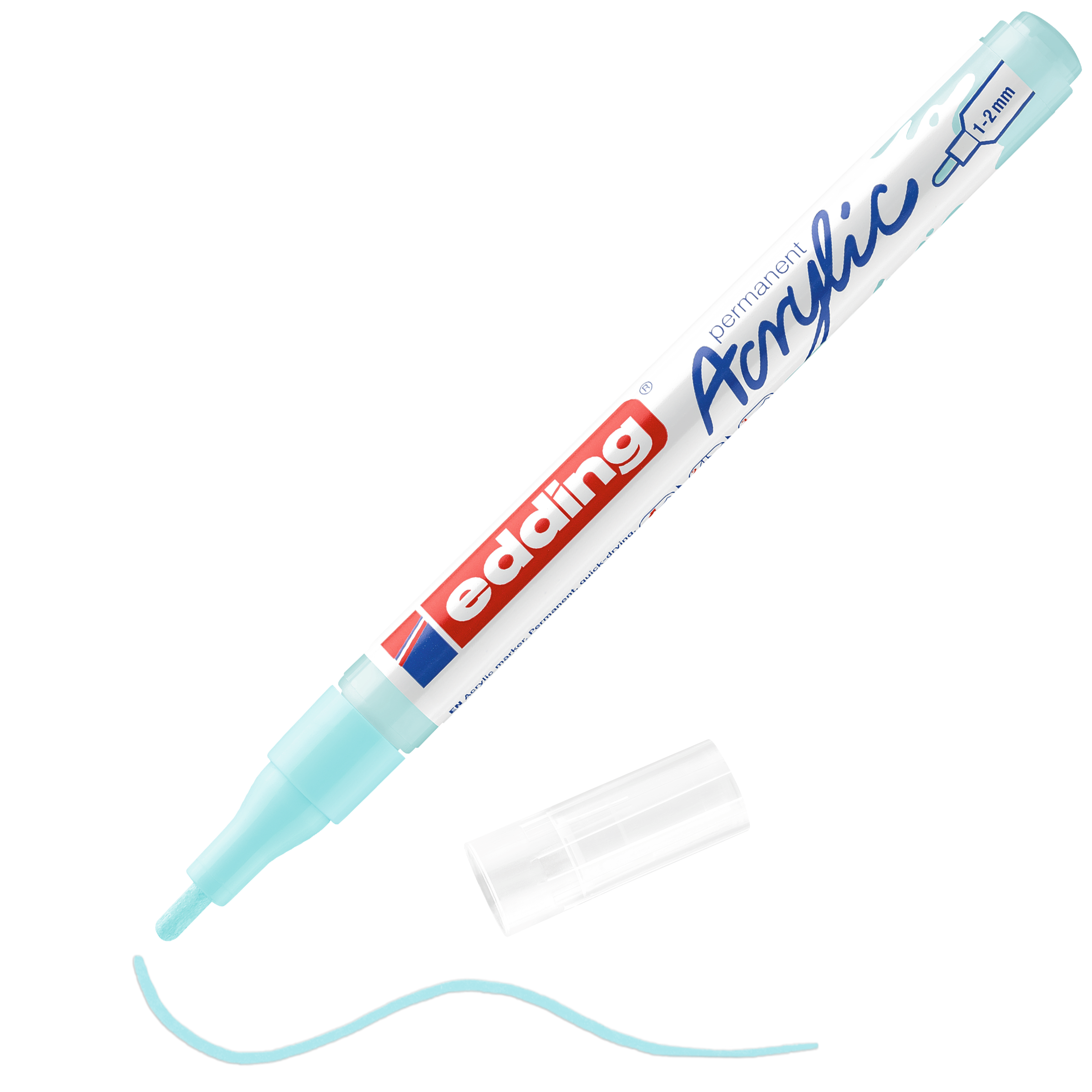 Ein hellblauer edding 5300 Acrylmarker fein ohne Kappe offenbart eine feine Spitze. Auf dem Schaft ist „Acrylic“ aufgedruckt, und neben diesem edding Marker verläuft eine wellenförmige Linie hellblauer Acrylfarbe.