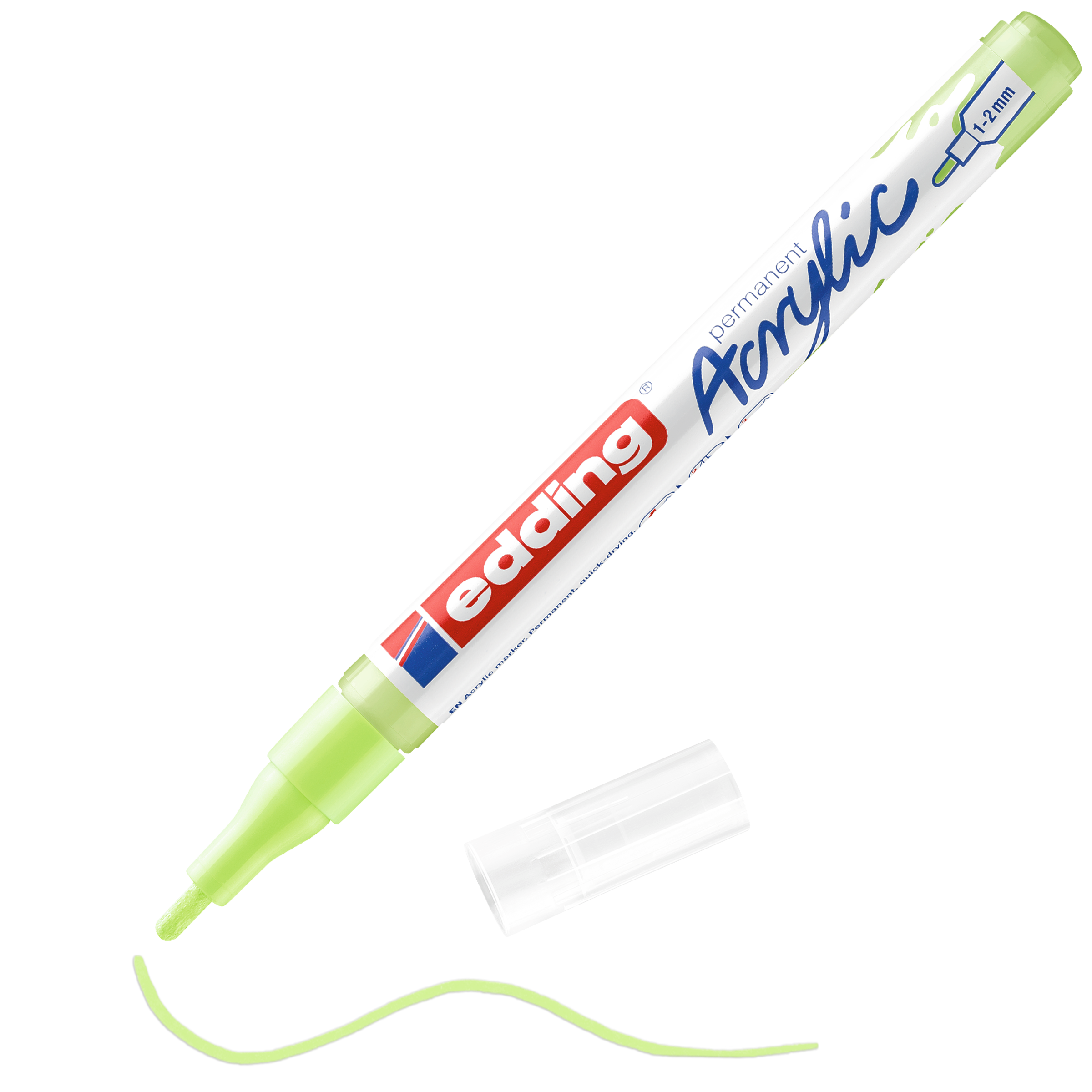Daneben liegt ein hellgrüner edding 5300 Acrylmarker fein, dessen transparente Kappe entfernt wurde. Er hat eine geschwungene grüne Linie gezeichnet. Die Beschriftungen „edding“ und „Acrylic“ sind sichtbar – perfekt für jede Künstlerausstattung.