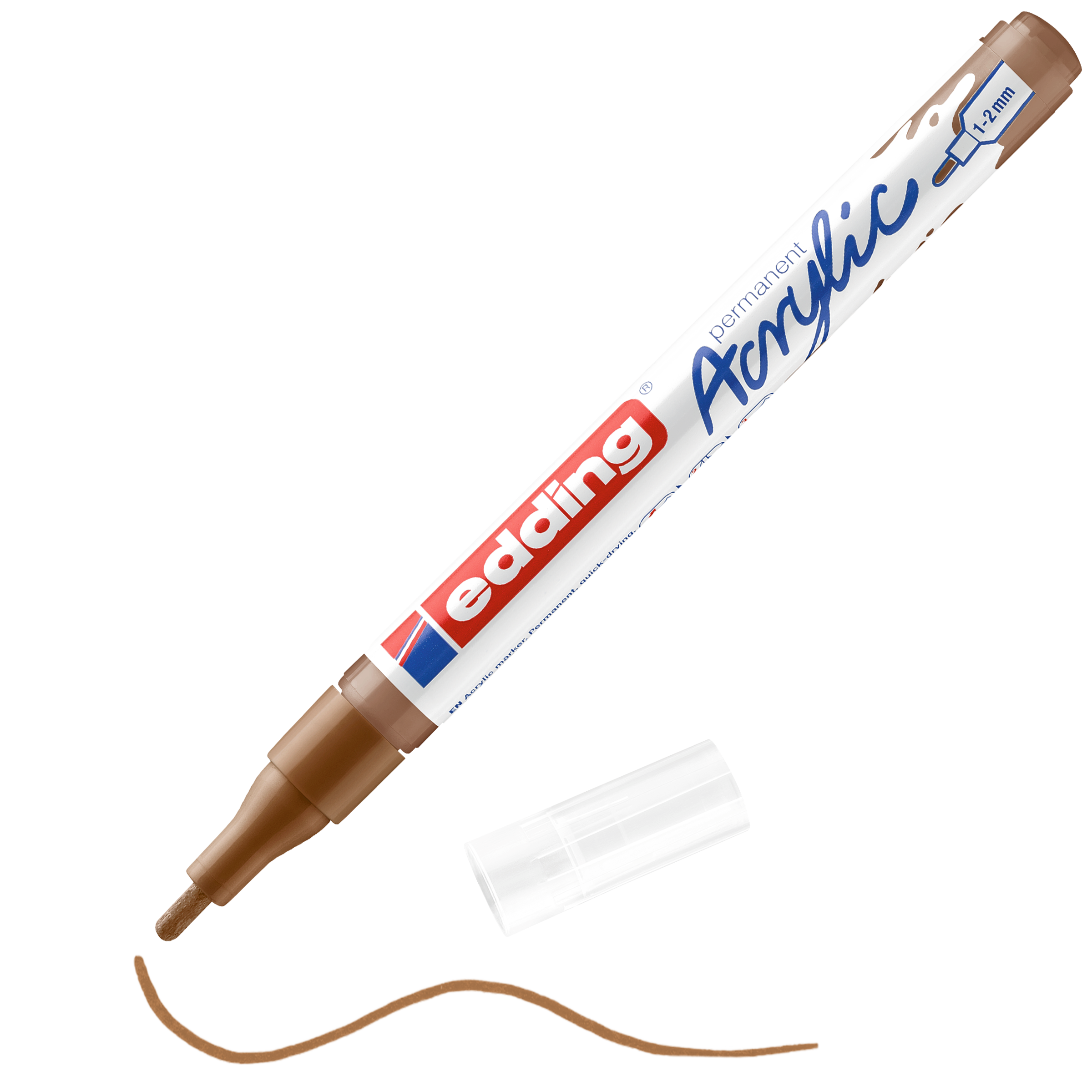 Der braune edding 5300 Acrylmarker fein zeichnet mit abgenommener transparenter Kappe eine wellenförmige braune Linie unter der Spitze. Ideal für die Künstlerausstattung, passt er perfekt zu Acrylfarbe.
