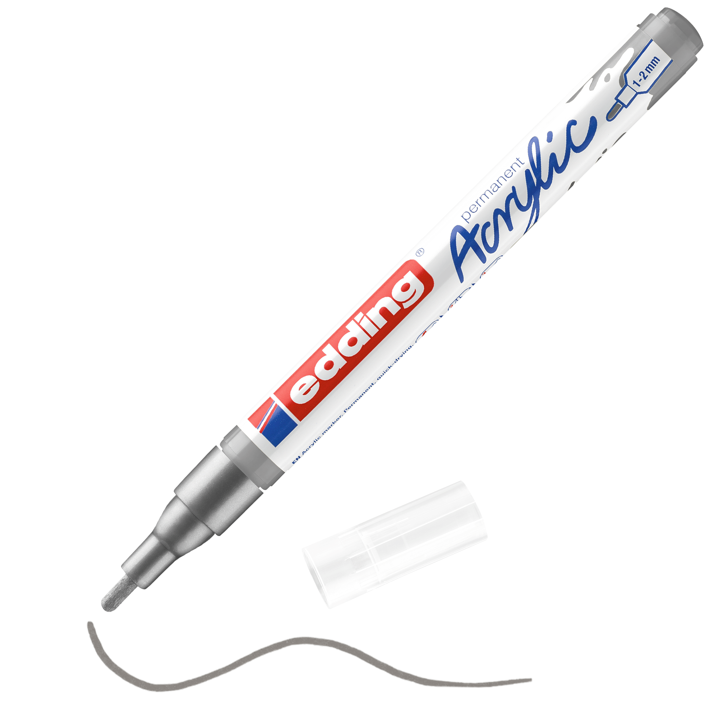 Ein silberner edding 5300 Acrylmarker fein ohne transparente Kappe, mit grauer Spitze und einer Wellenlinie aus grauem Acryl – perfekt für Ihre Künstlerutensilien.