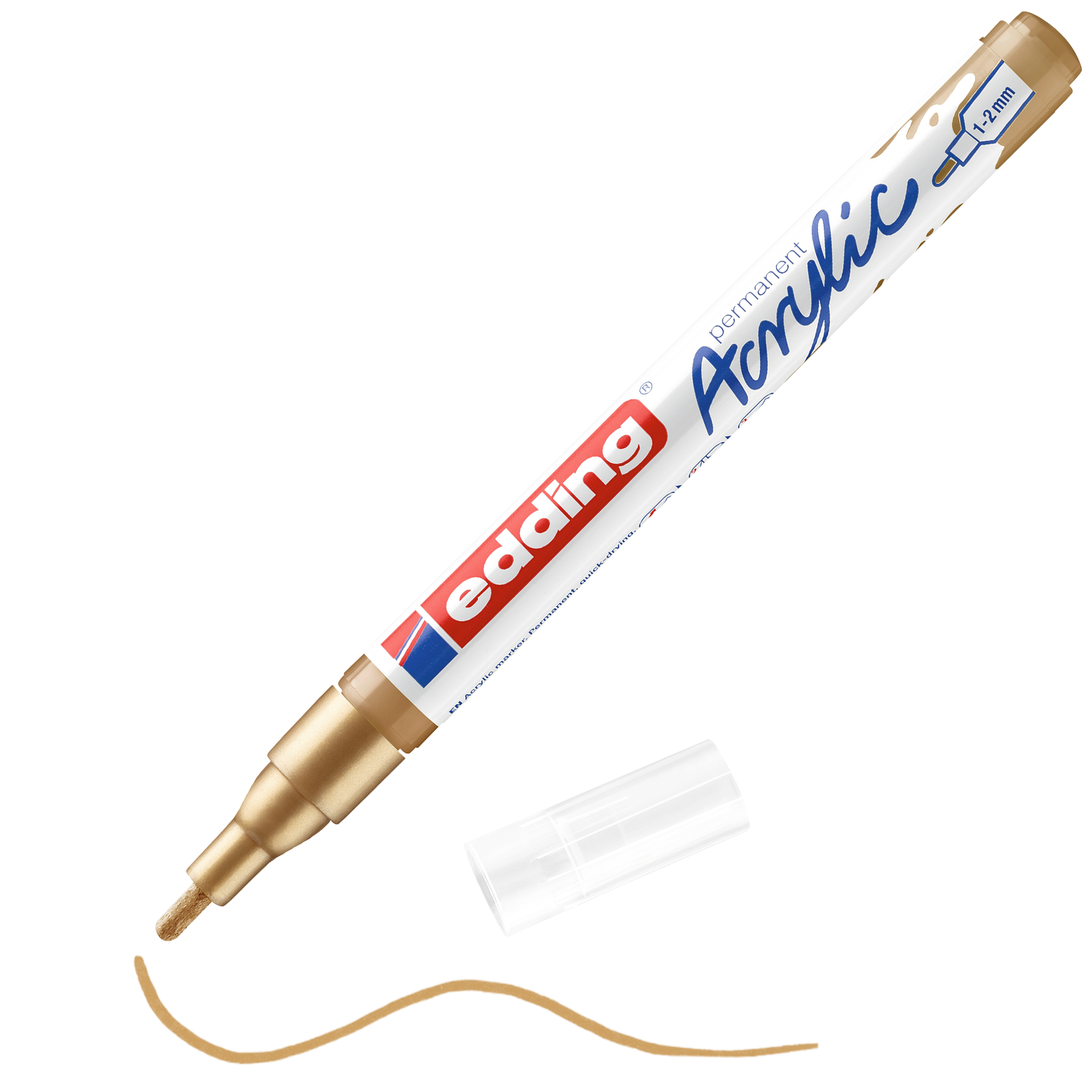 Der edding 5300 Acrylmarker fein in Gold eignet sich perfekt für die Künstlergestaltung. Mit seiner feinen 1–2 mm Spitze und der transparenten Kappe gelingen lebendige, hochwertige Acryldesigns. Auf dem Etikett steht „edding permanent Acryl 1–2 mm“.