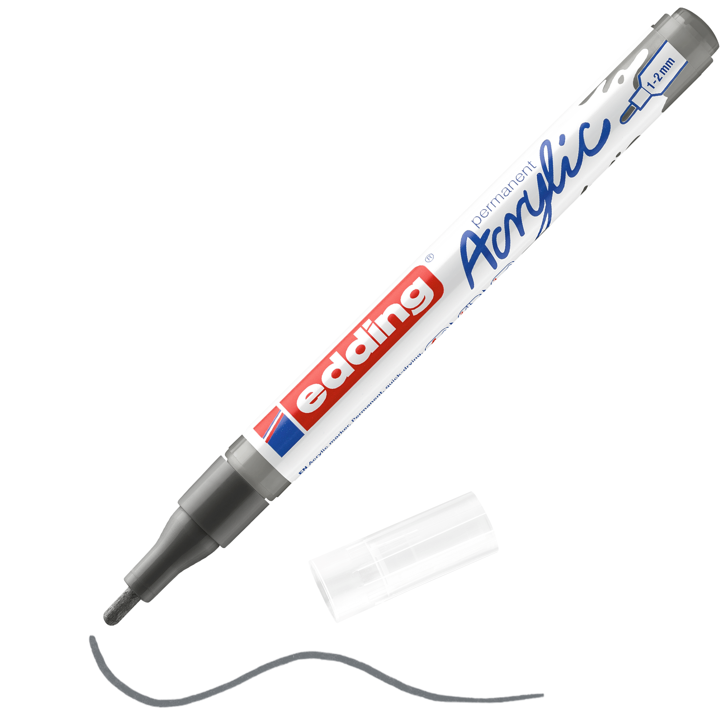 Ein grauer edding 5300 Acrylmarker fein ohne transparente Kappe liegt schräg und zeichnet eine geschwungene schwarze Linie. Auf der Beschriftung stehen „Acryl“, „permanent“ und „1-2 mm“ – perfekt für jede Künstlerausstattung.