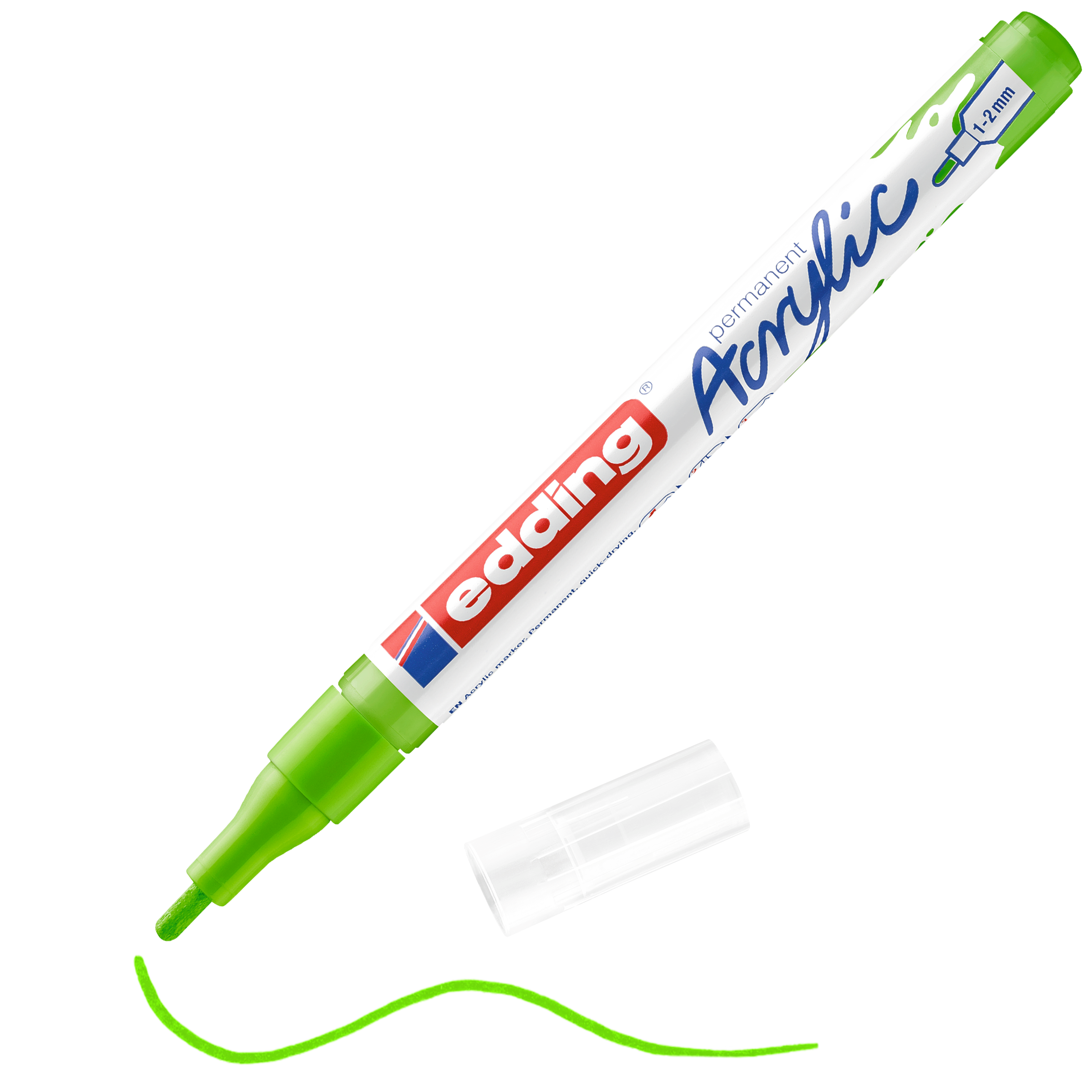 Ein grüner edding 5300 Acrylmarker fein ohne Kappe offenbart eine lebendige Acryllinie. Die Kappe liegt griffbereit – die ideale Wahl für jedes Künstler-Toolkit.