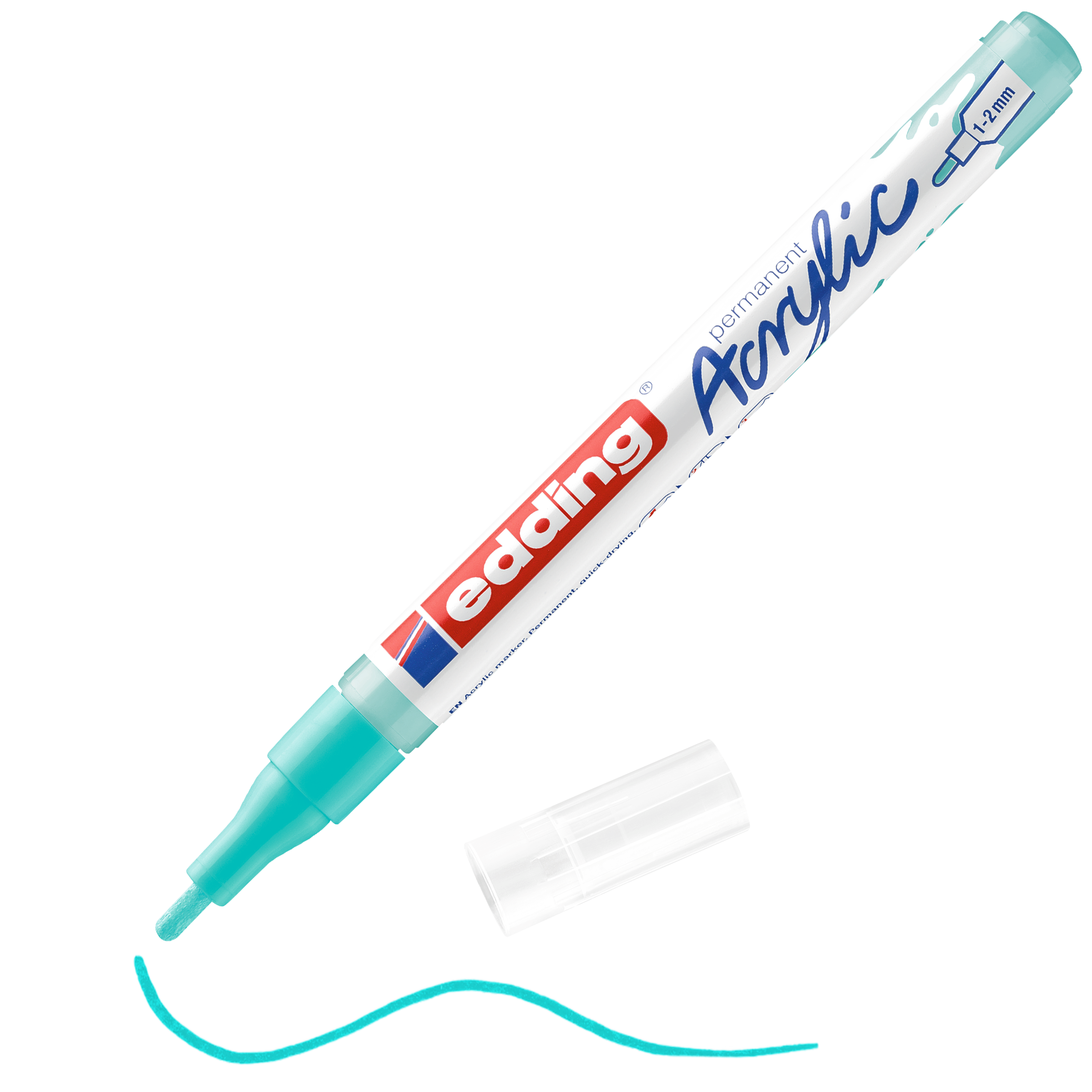 Ein türkisfarbener edding 5300 Acrylmarker fein ohne Kappe, der die Spitze und eine gezeichnete türkisfarbene Linie zeigt. Der Marker trägt die Aufschrift „edding permanent Acrylic“ und „1-2mm“ – ideal für jedes Künstler-Set mit hochwertiger Acrylfarbe.