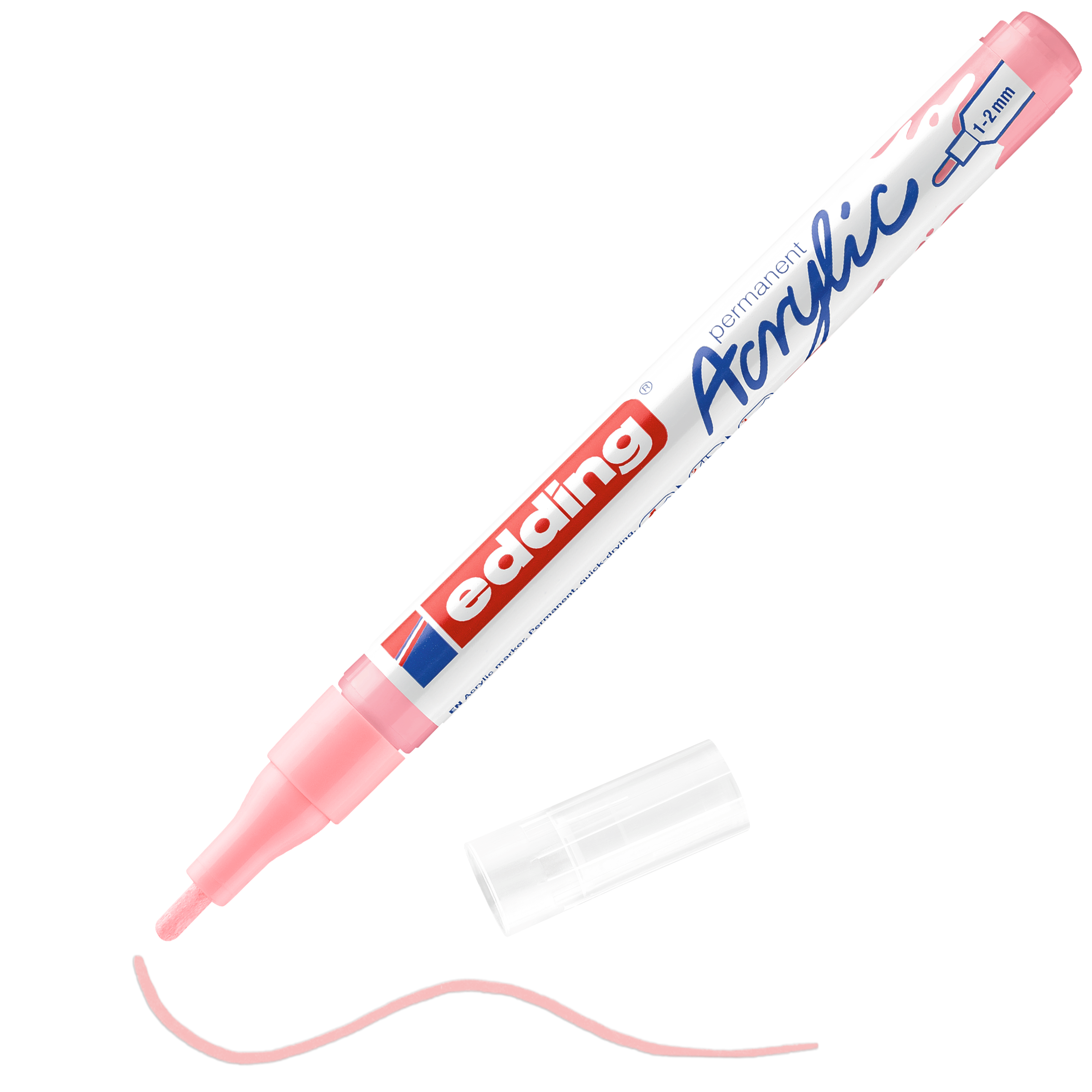 Ein rosafarbener edding 5300 Acrylmarker fein ohne Kappe liegt neben einer Wellenlinie aus heller Acrylfarbe. Der Feinmarker aus dem Premium-Künstlerbedarf trägt die Aufschrift „edding permanent Acryl 1-2 mm“.