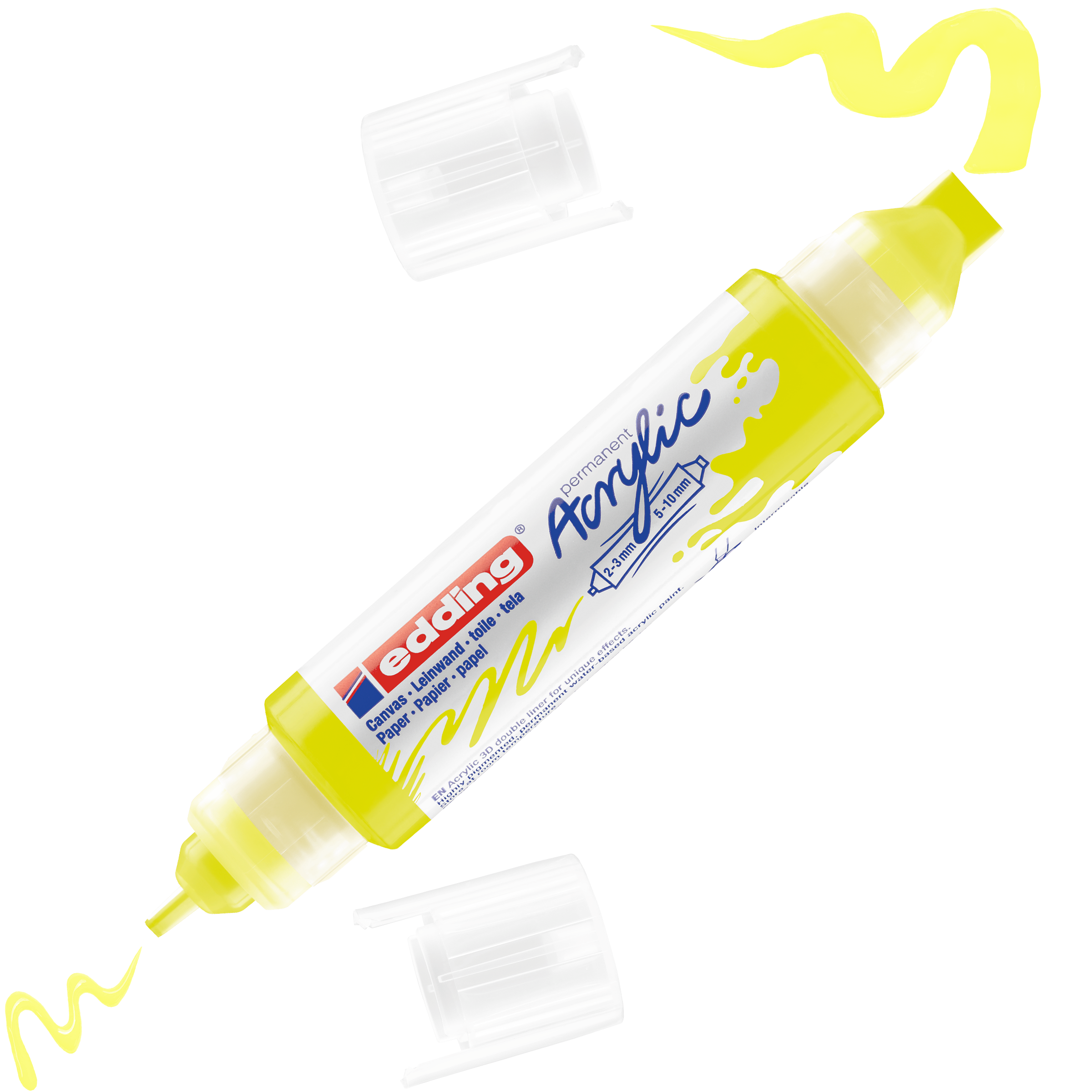Ein gelber edding 5400 Acryl 3D Double Liner mit abgenommenen transparenten Kappen zeigt beide Spitzen; wellenförmige gelbe Linien fließen von beiden Enden. Der Marker ist diagonal auf weißem Untergrund platziert – ideal für leuchtende Acrylfarben-Designs.