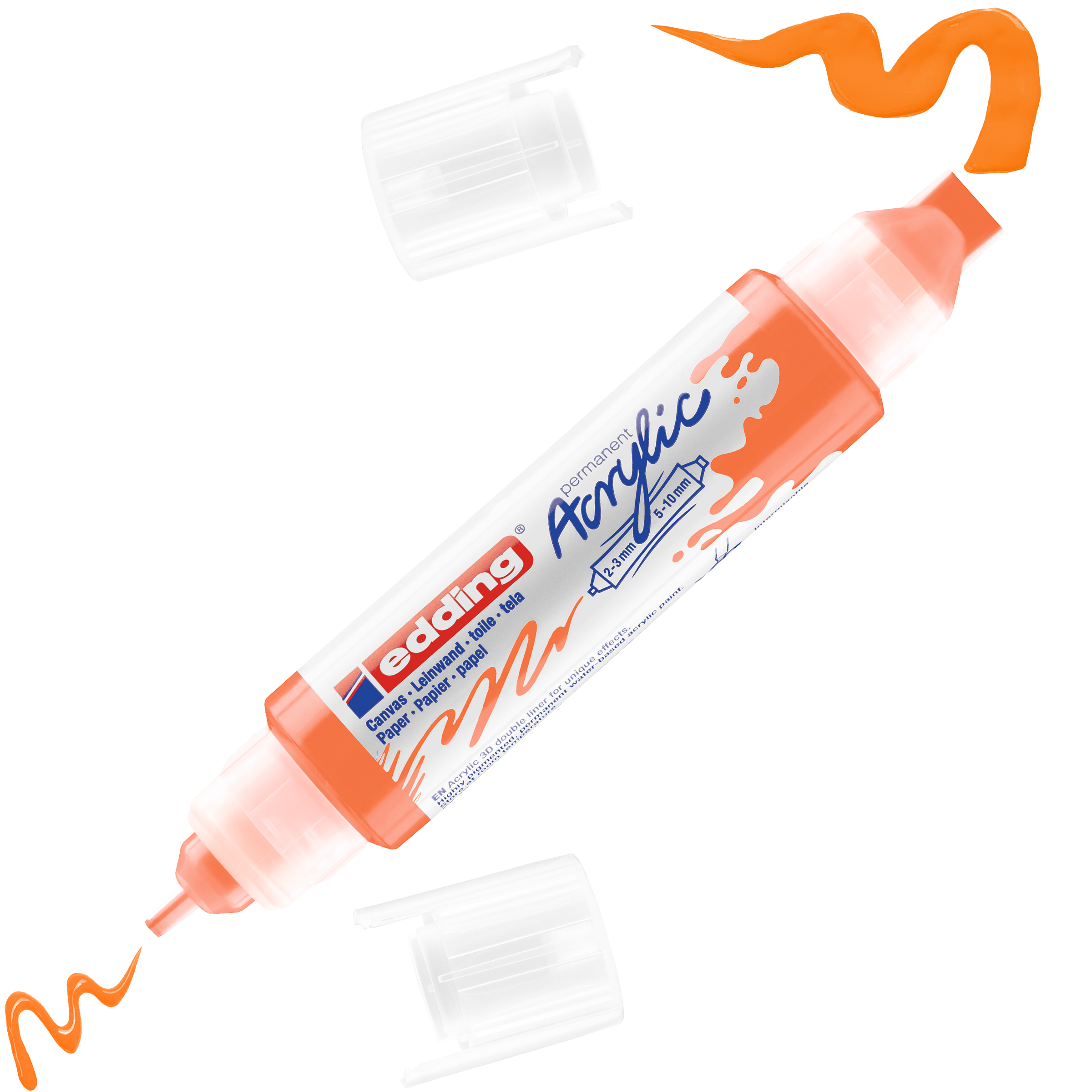 Der edding 5400 Acryl 3D Double Liner von edding in Orange ist hier mit beiden transparenten Kappen abgebildet. Leuchtend orangefarbene Tintenstriche an beiden Enden unterstreichen den Acrylfarben-Stil und eignen sich ideal für kreative Maleffekte.