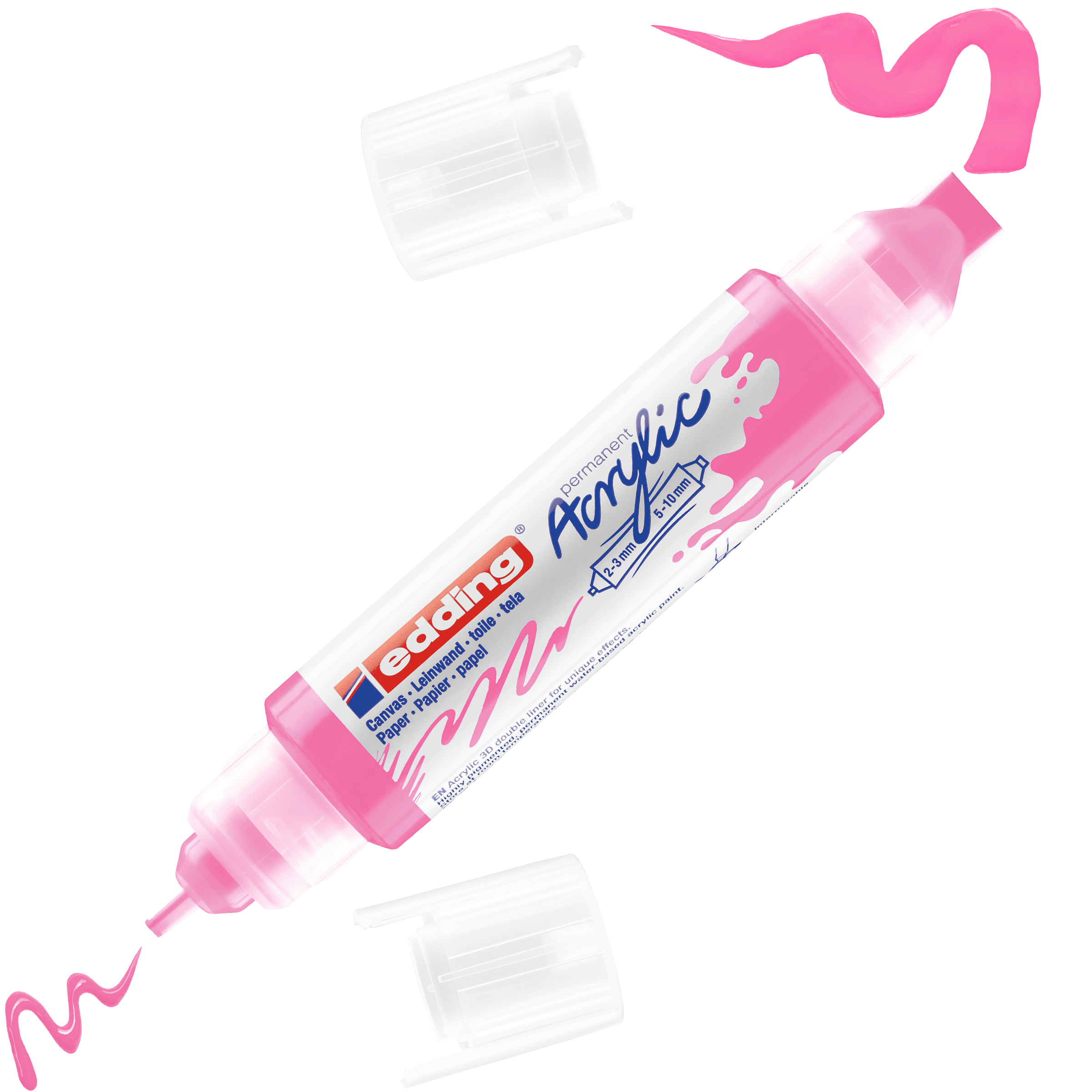 Ein rosafarbener edding 5400 Acryl 3D Double Liner von edding gibt bei abgenommenen Kappen rosafarbene Acrylfarbe ab: Eine Spitze zeichnet eine glatte Linie, die andere erzeugt eine wellenförmige Bandform.