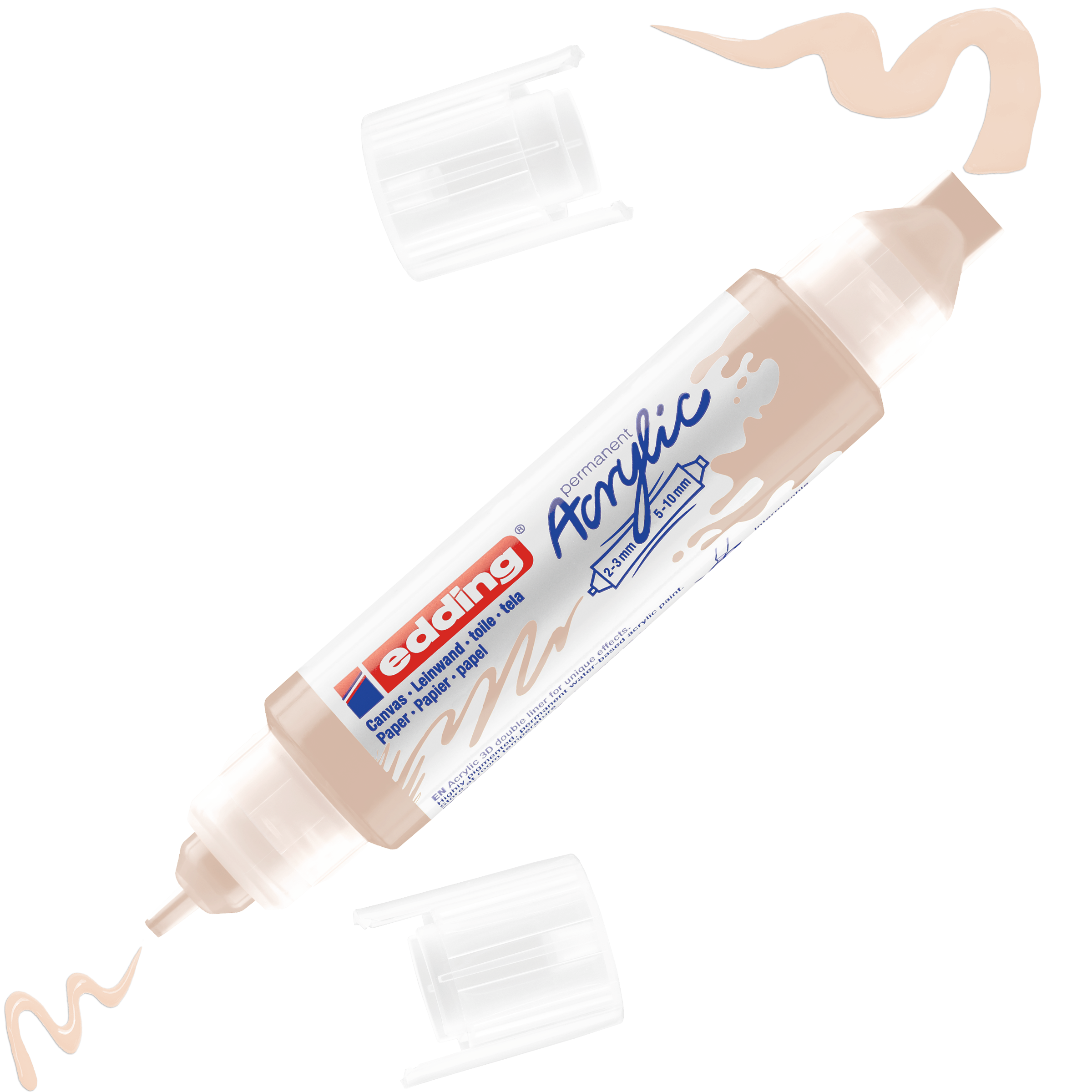Ein beiger edding 5400 Acryl 3D Double Liner Marker mit weißen Kappen (eine an jedem Ende) und der Aufschrift „edding Acrylic“ weist an beiden Spitzen gewellte beige Linien auf – ideal zum Erstellen von 3D-Effekten.