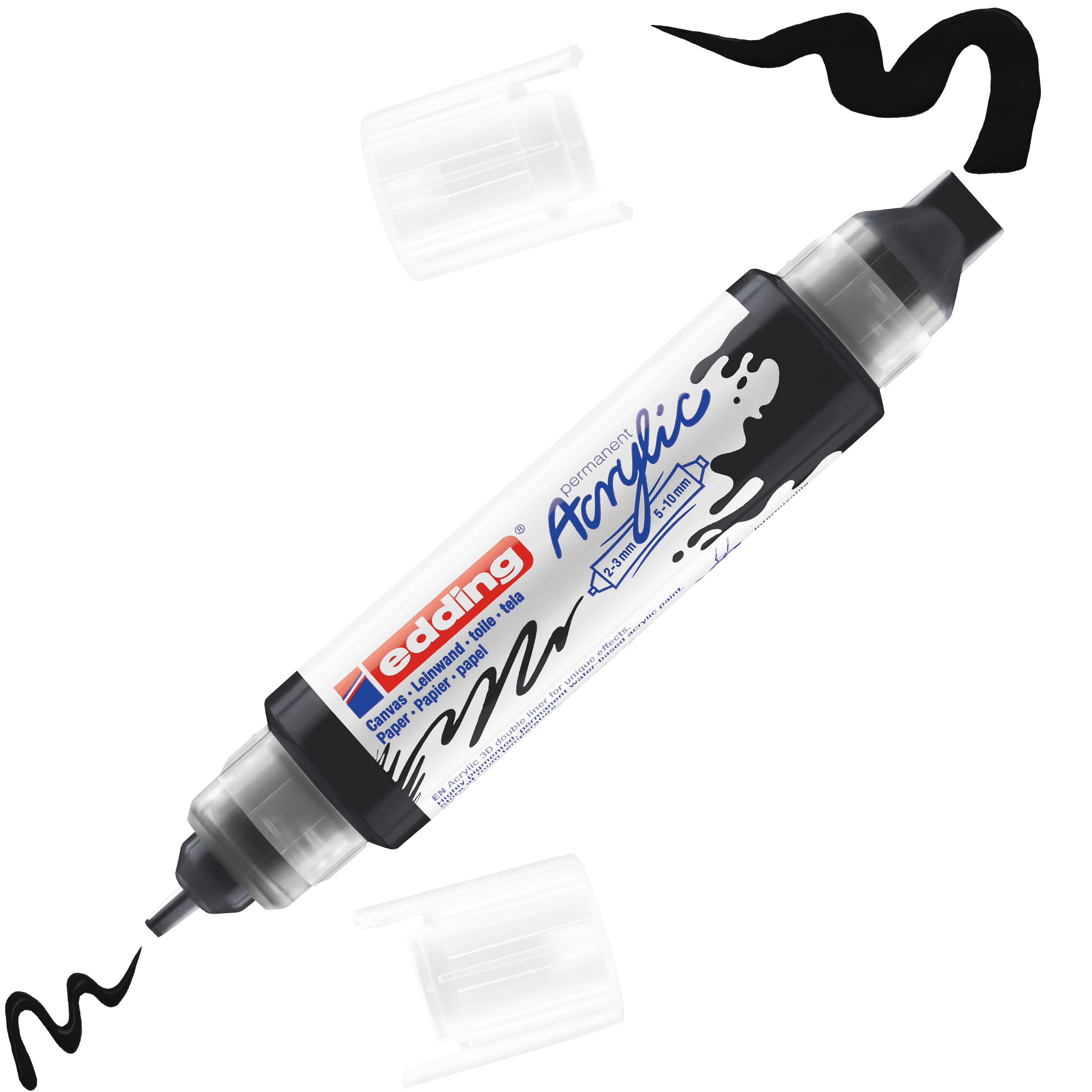 Der edding 5400 Acryl 3D Double Liner ist ein schwarzer Marker mit Doppelspitze und sichtbarer dicker und feiner Spitze. Er besticht durch sein stilvolles Schwarz-Weiß-Design mit blauen und roten Akzenten. Ideal zum Erzeugen von 3D-Effekten mit edding Acrylfarbe.