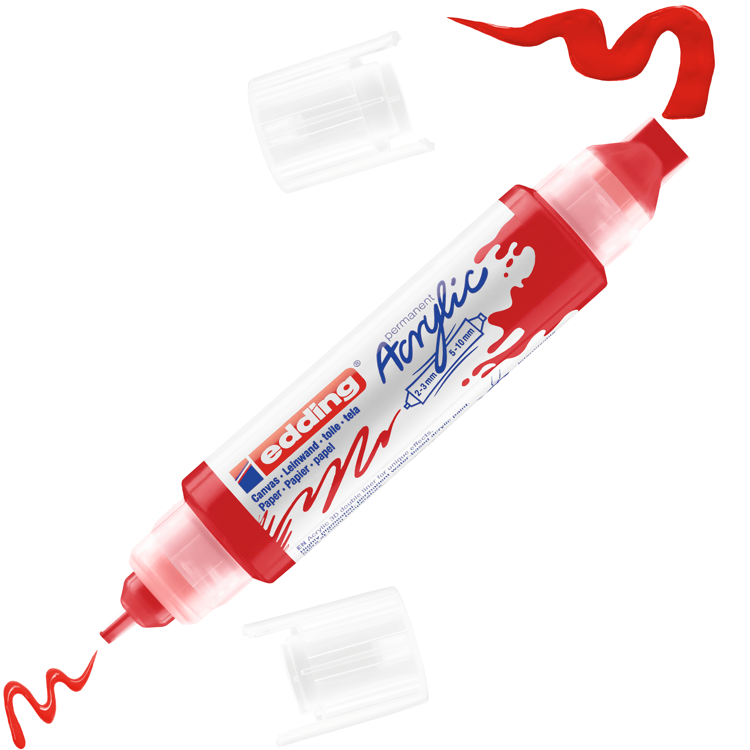 Ein roter edding 5400 Acryl 3D Double Liner liegt diagonal auf einem weißen Hintergrund. Beide Kappen sind entfernt, um lebendige Farbspuren von jeder Spitze freizulegen und die Möglichkeiten für beeindruckende 3D-Effekte hervorzuheben.