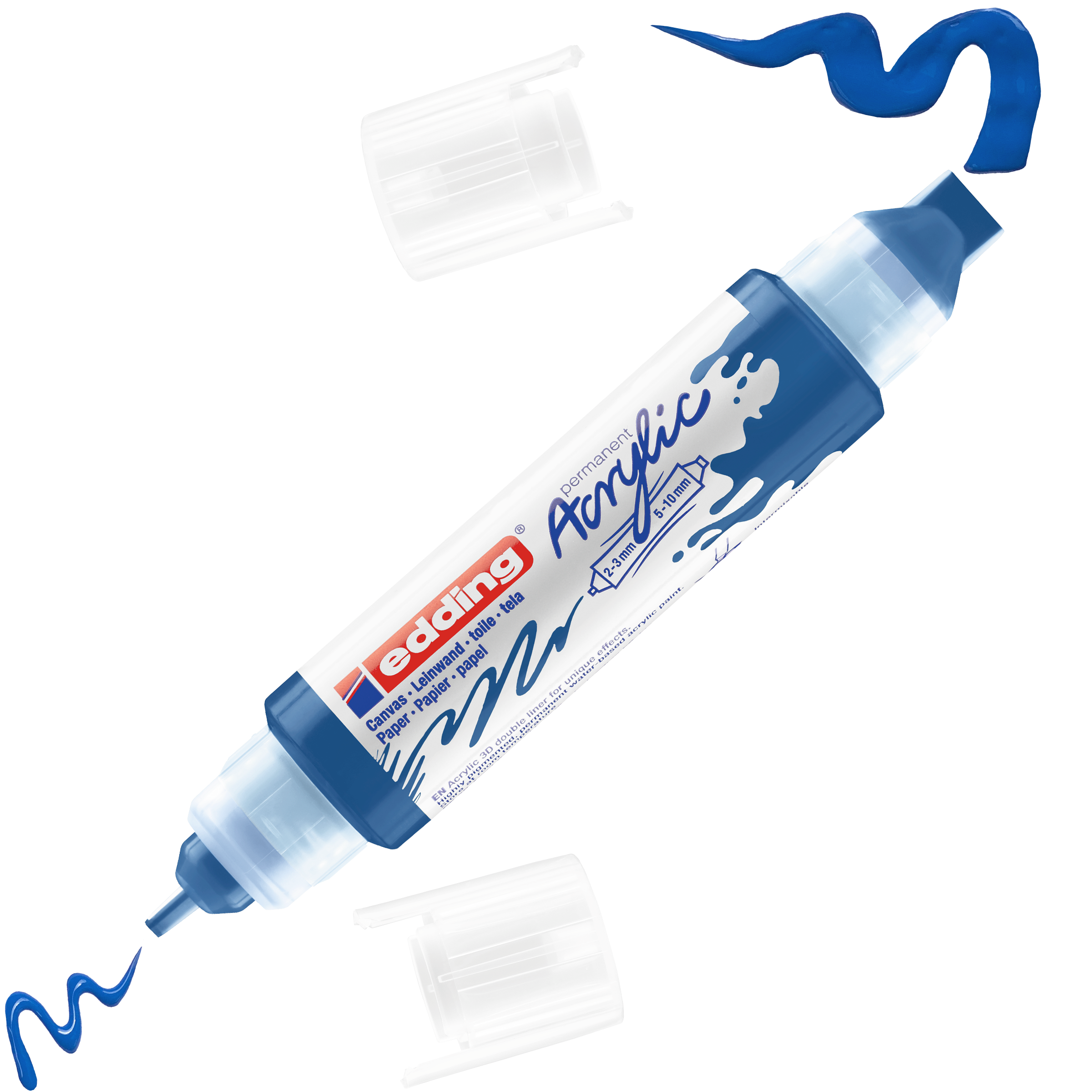 Der doppelseitige edding 5400 Acryl 3D Double Liner mit blauer Tinte und abgenommenen Kappen zeichnet wellenförmige blaue Linien aus jeder Spitze und unterstreicht so seine Vielseitigkeit. Das Etikett trägt den Schriftzug „Acryl“ und zeigt das edding-Logo, was auf 3D-Effekte hindeutet.