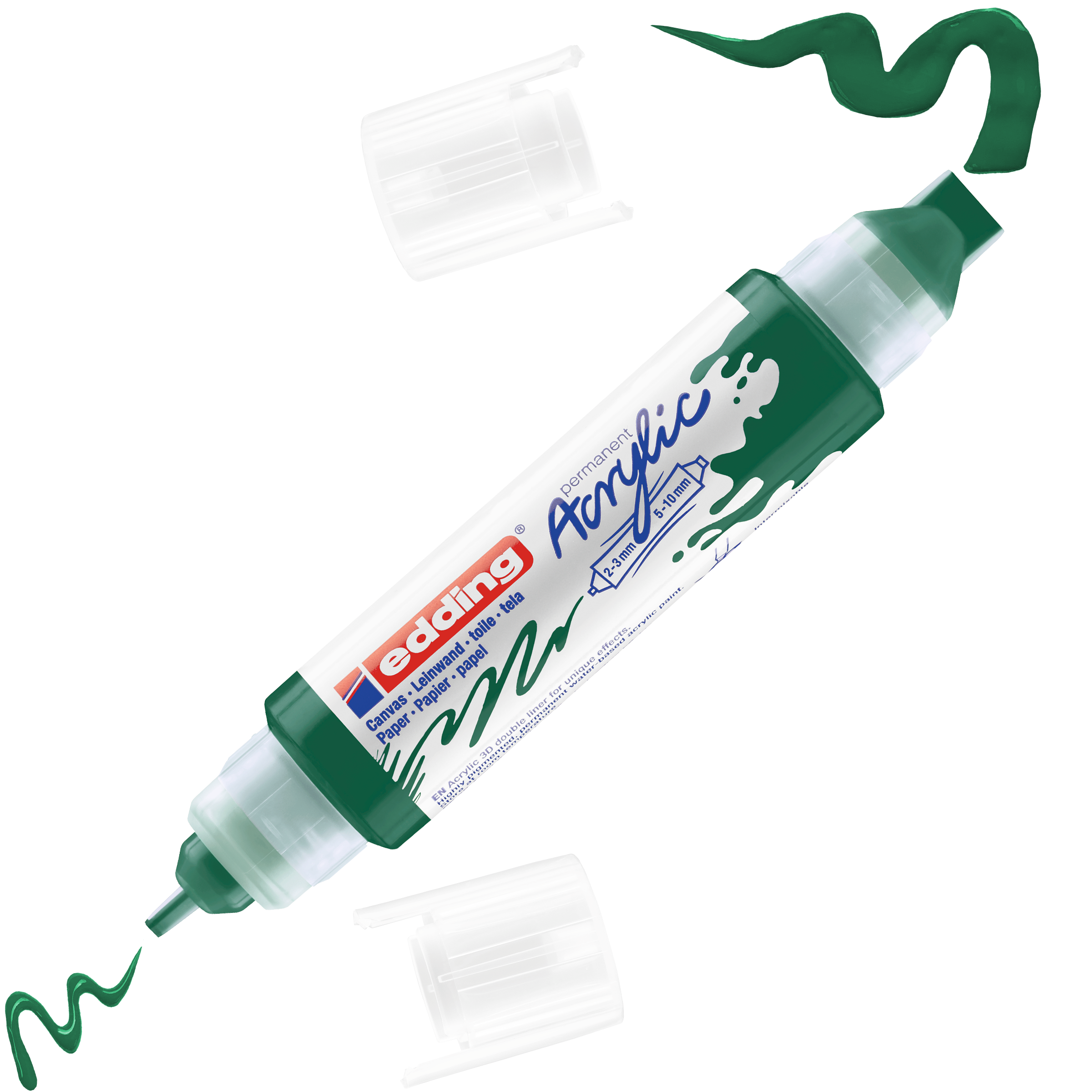 Ein grüner edding 5400 Acryl 3D Double Liner von edding zeichnet mit abgenommenen Kappen an beiden Enden wellenförmige grüne Linien und erzeugt so kräftige 3D-Effekte. Auf dem Etikett steht „edding Acryl“.