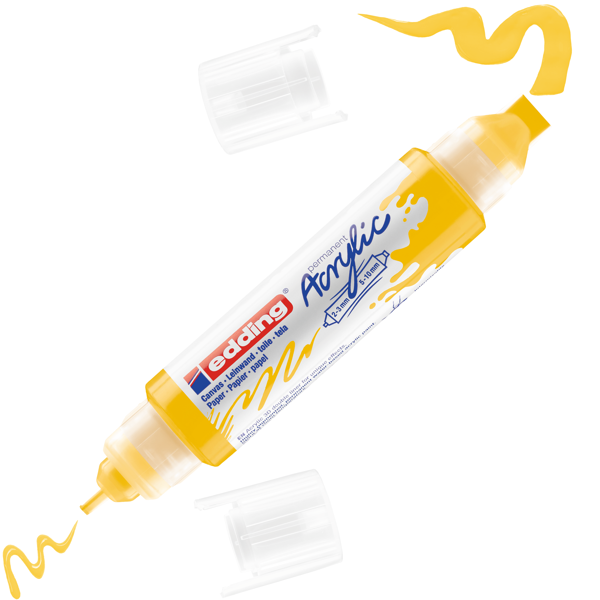 Ein gelber edding 5400 Acryl 3D Double Liner von edding liegt diagonal ohne transparente Kappe und zeigt dicke und dünne Spitzen. An jedem Ende entstehen gelbe Linien und subtile 3D-Effekte. Auf dem Etikett steht „edding Acryl“.
