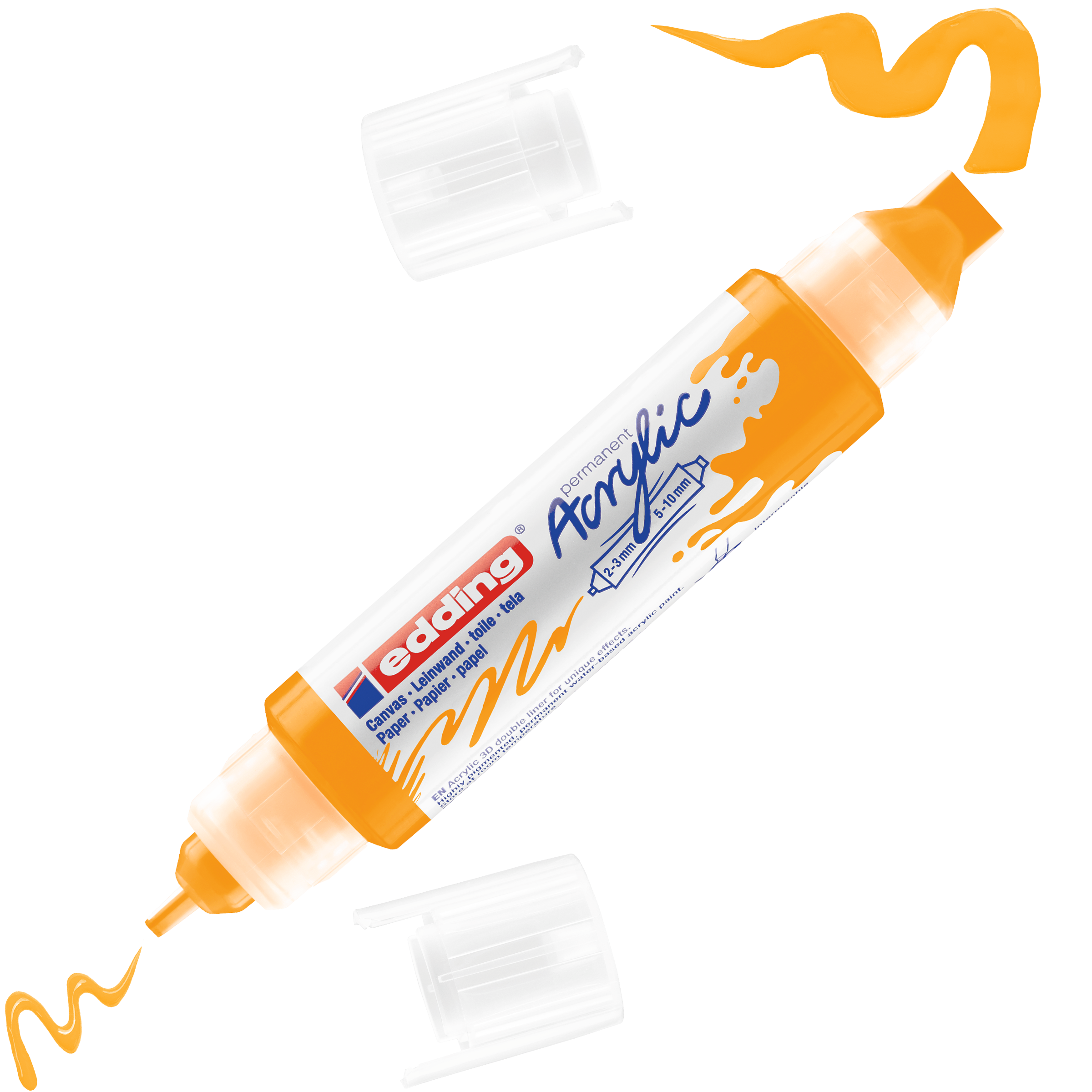 Ein edding 5400 Acryl 3D Double Liner in Orange, ohne Kappe, um den Pinsel und die feinen Spitzen freizugeben. Die orangefarbene edding Acrylfarbe erzeugt wellenförmige Striche mit subtilen 3D-Effekten aus jeder Spitze.