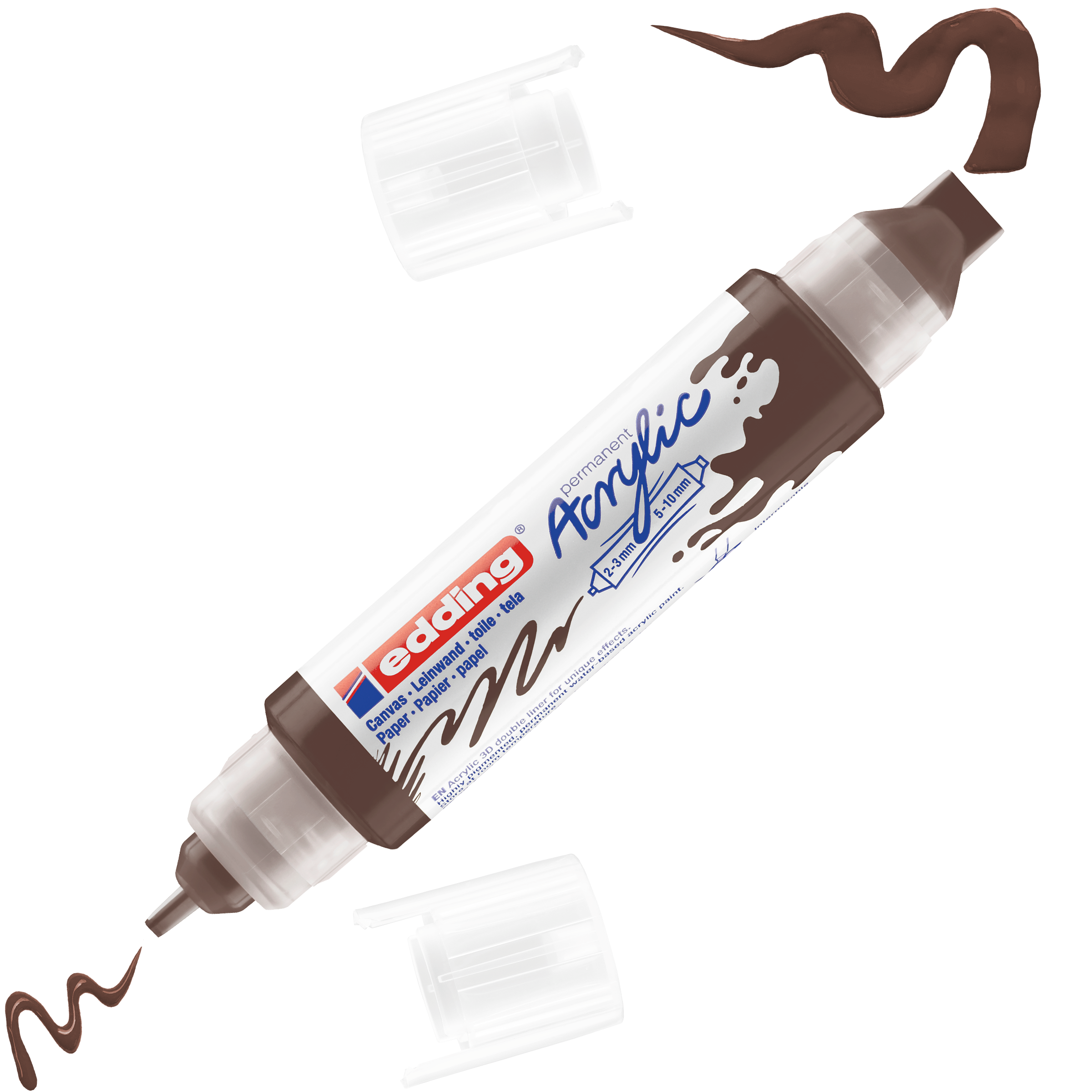 Ein edding 5400 Acryl 3D Double Liner Marker von edding, bei dem beide Kappen abgenommen sind, zeigt an jeder Spitze Schnörkel aus brauner Acryltinte, die die Farbe, Textur und 3D-Effekte des Markers zur Geltung bringen.