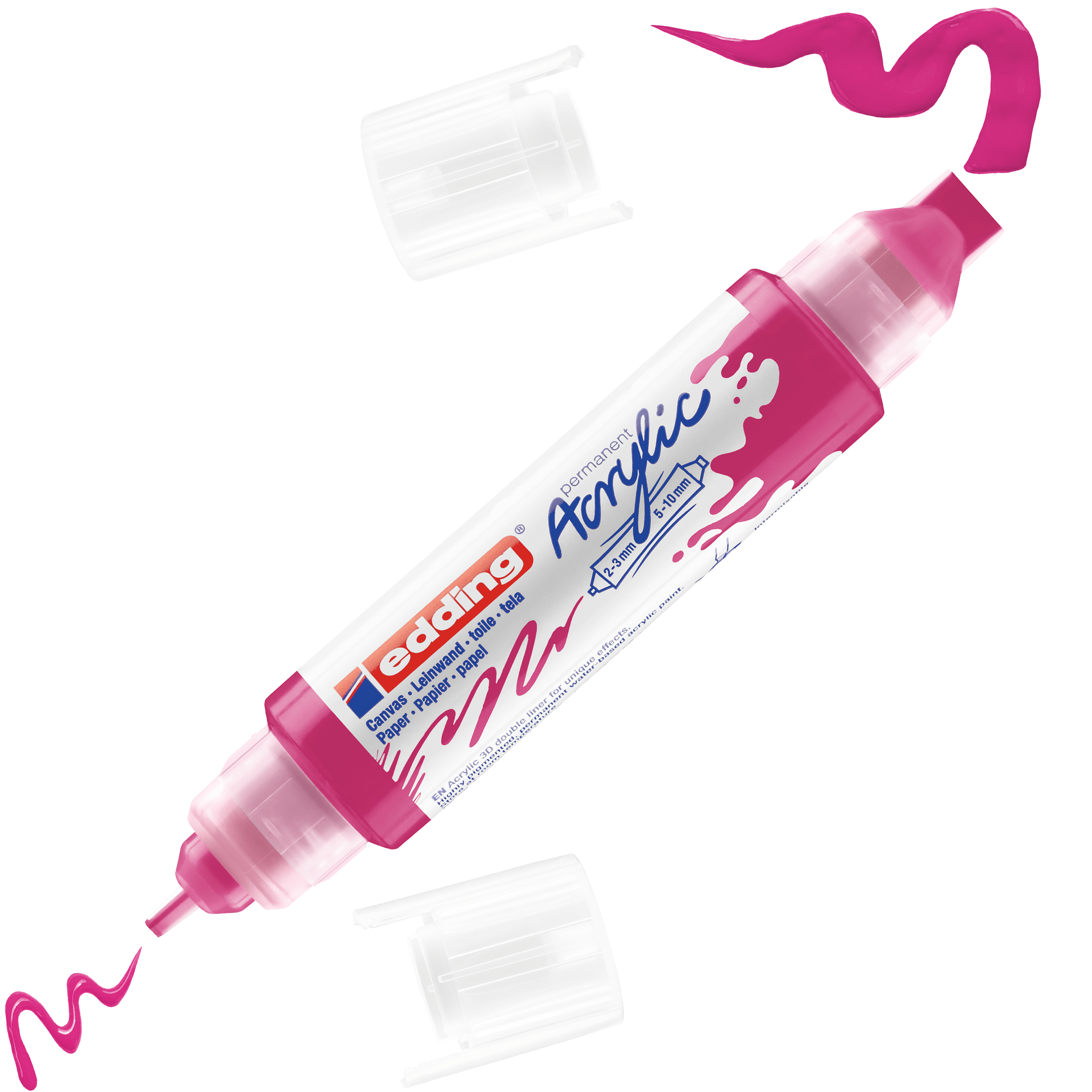 Der edding 5400 Acryl 3D Double Liner in Pink ist ohne Kappe und mit Wellenlinien an jeder Spitze ideal für kräftige 3D-Effekte. Auf dem Etikett sind die Markennamen „edding“ und „Acrylic“ zu finden.
