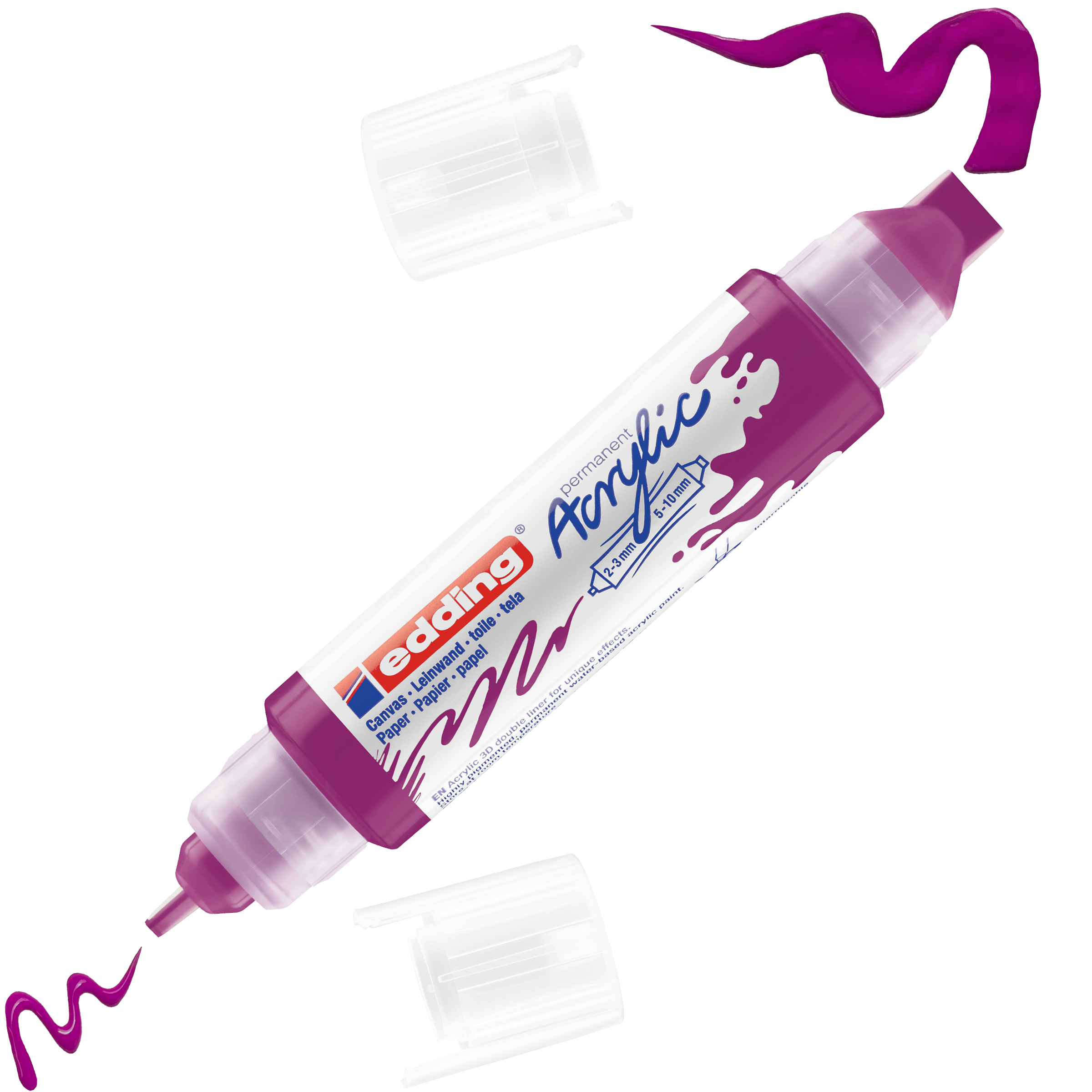 Der edding 5400 Acryl 3D Double Liner, ein violetter Acrylmarker mit Doppelspitze von edding, wird ohne Kappe gezeigt, wobei sowohl die dicke als auch die dünne Spitze sichtbar sind und neben jeder Spitze kräftige violette „edding Acryl“-Tintenmarkierungen zu sehen sind.