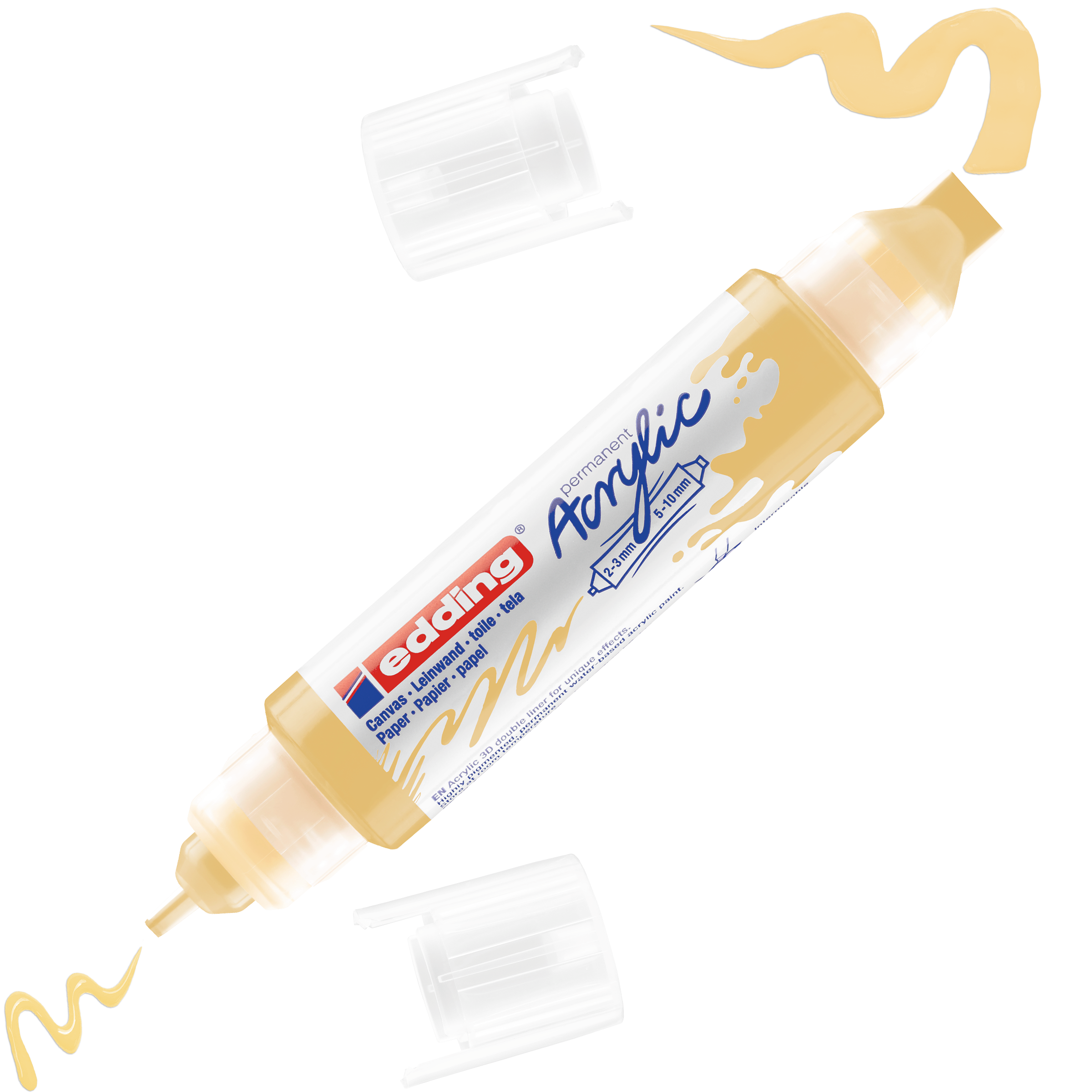 Der edding 5400 Acryl 3D Double Liner von edding verfügt über zwei Spitzen, gelbe Acryltinte und zwei transparente Kappen – eine an jedem Ende. Vor weißem Hintergrund eignet er sich ideal, um Ihren Kunstwerken beeindruckende 3D-Effekte zu verleihen.