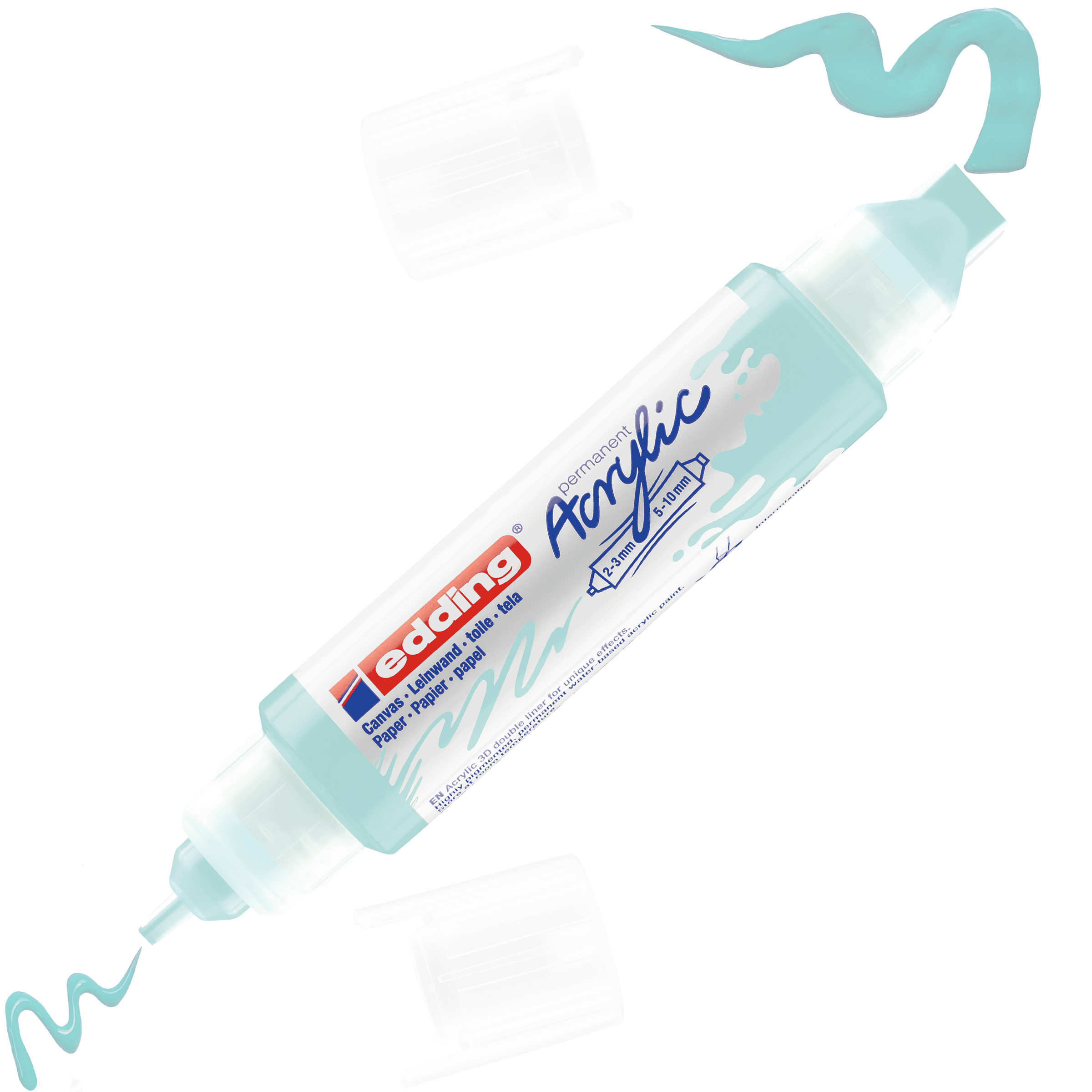 Ein doppelseitiger edding 5400 Acryl 3D Double Liner Marker mit abgenommenen hellblauen Kappen, der dreidimensionale Farbstriche an jeder Spitze erzeugt. Der Marker trägt das edding-Logo mit blauen und weißen Akzenten und ist ideal für kreative Acrylprojekte.