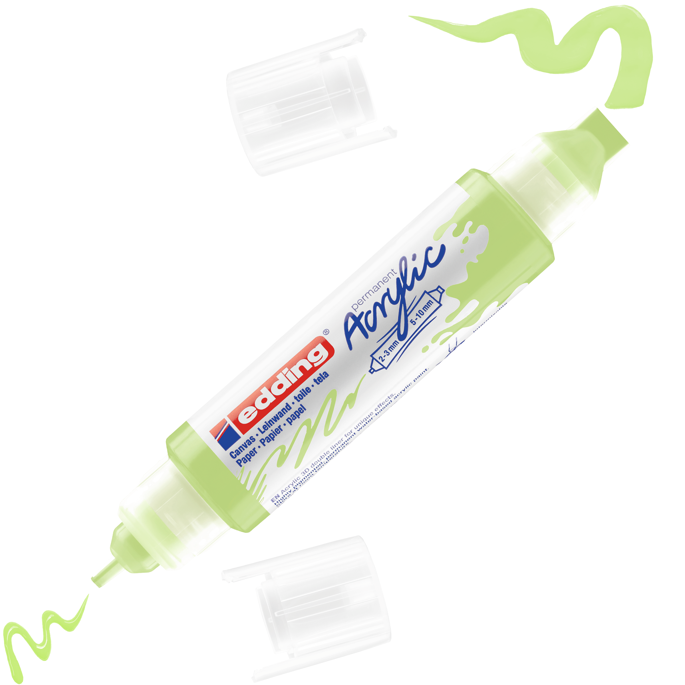 Ein grüner edding 5400 Acryl 3D Double Liner mit entfernten weißen Kappen zeigt wellenförmige grüne Linien und auffällige 3D-Effekte an jeder Spitze und eignet sich daher perfekt zum Erstellen lebendiger Designs mit edding Acrylfarben.