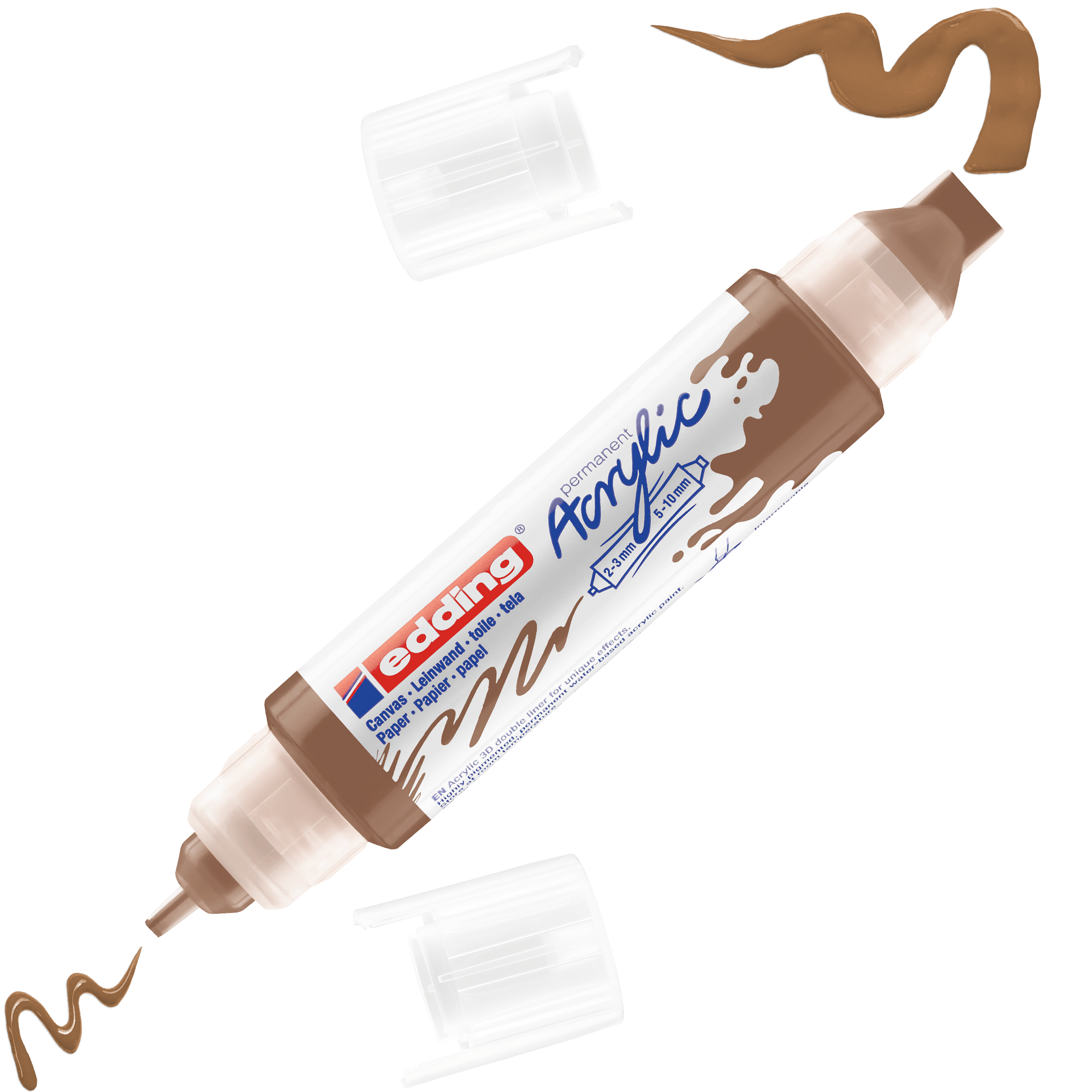 Ein edding 5400 Acryl 3D Double Liner von edding, bei dem die weißen Kappen entfernt wurden, gibt den Blick auf Pinsel und feine Spitzen frei, die jeweils braune Farbwirbel für beeindruckende 3D-Effekte erzeugen.