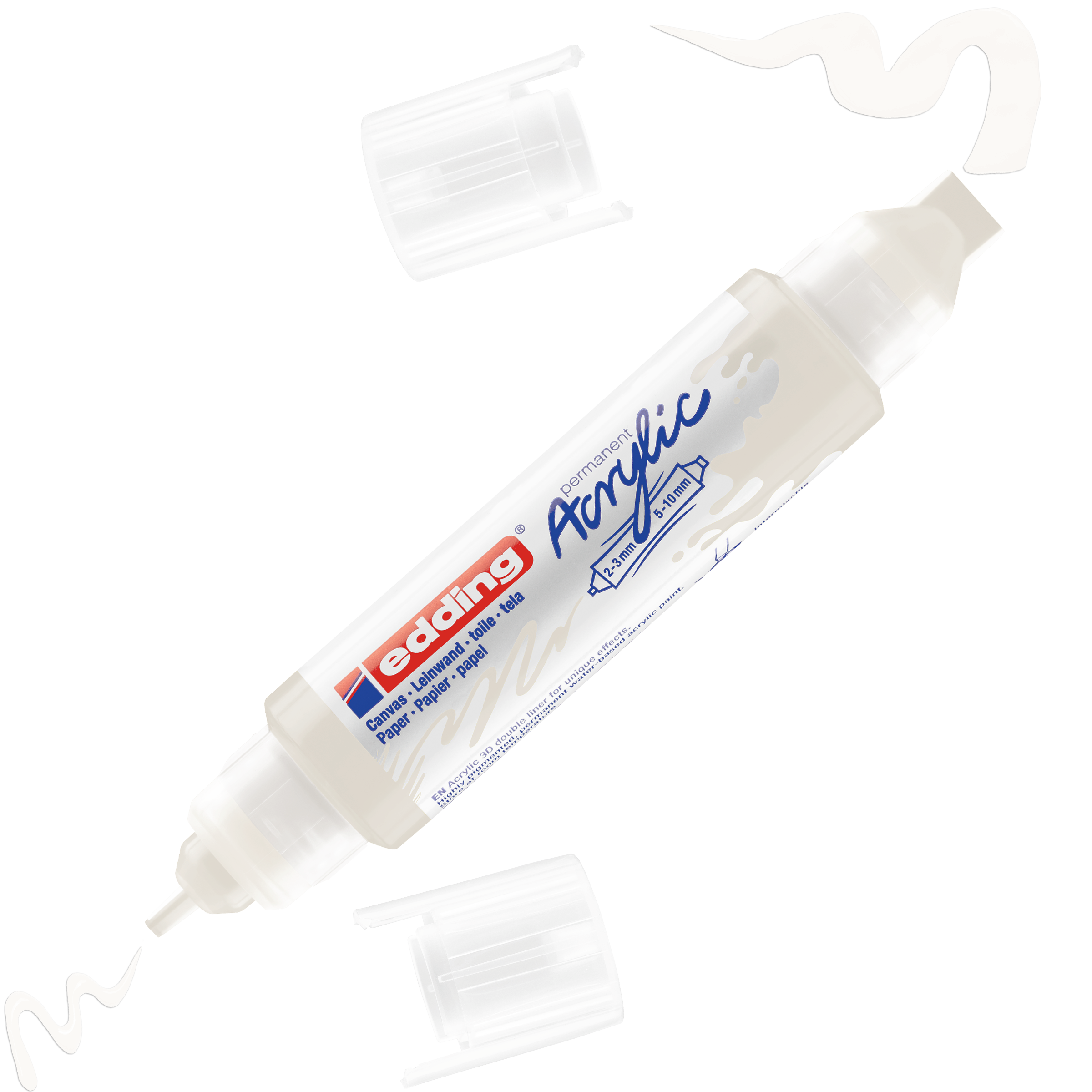 Der edding 5400 Acryl 3D Double Liner, ein weißer Acrylmarker mit Doppelspitze von edding, weist bei abgenommenen Kappen dicke und feine Spitzen auf. „Acrylfarbe“ neben jeder Spitze betont die unterschiedliche Strichbreite und das Potenzial für 3D-Effekte.