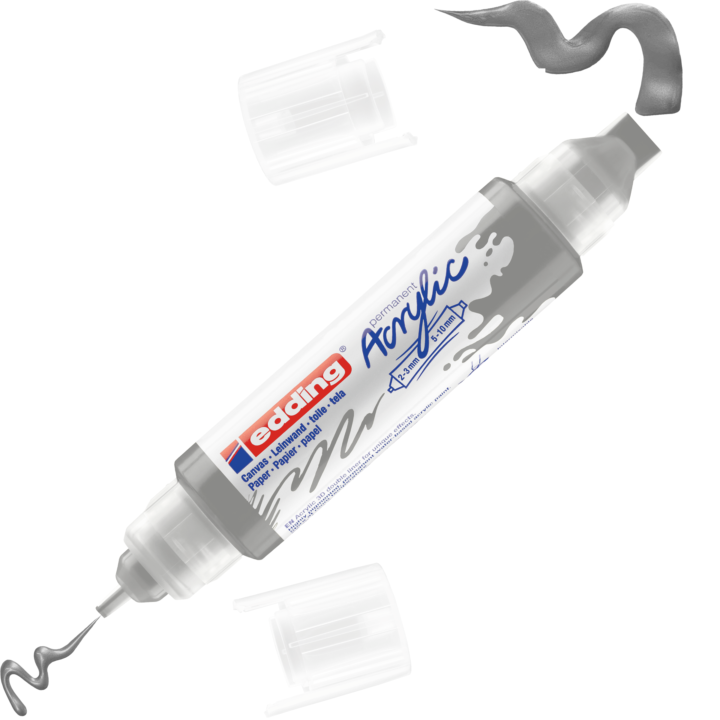 Ein edding 5400 Acryl 3D Double Liner mit Doppelspitze, grauen Farbstrichen, zwei abgenommenen transparenten Kappen und dem Etikett mit der Aufschrift „edding“ – perfekt für kreatives Arbeiten und 3D-Effekte mit edding Acrylfarben.
