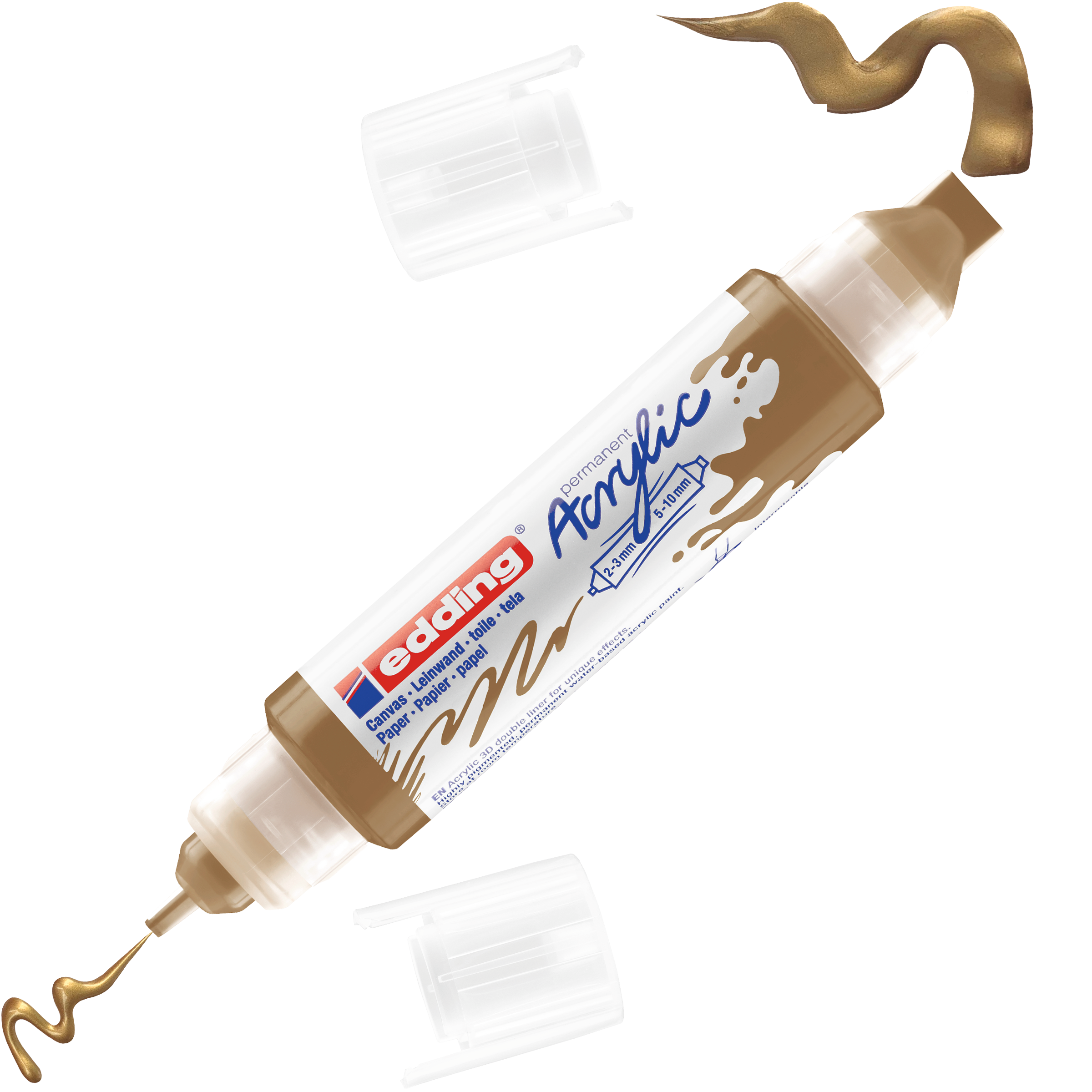 Ein goldener edding 5400 Acryl 3D Double Liner Marker mit beiden Kappen zeigt leuchtende Tinte aus jeder Spitze. Das Etikett trägt den Schriftzug „edding Acrylic Acryl 3D Double Liner“ und hebt die beeindruckenden 3D-Effekte hervor.