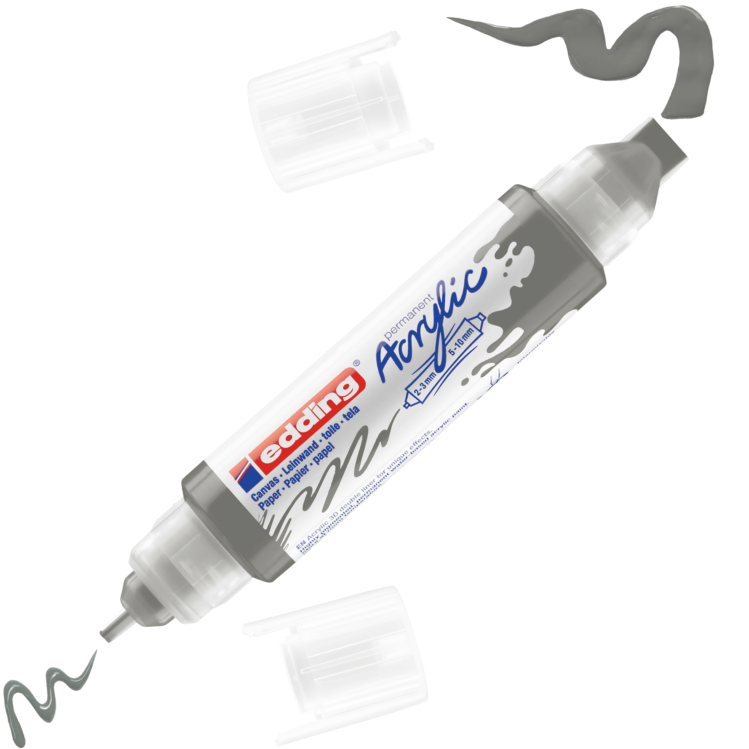 Der edding 5400 Acryl 3D Double Liner Acrylmarker von edding ist ohne transparente Kappen abgebildet und verfügt über eine graue und eine schwarze Spitze. Schwarze Kringellinien an beiden Enden betonen die lebendigen 3D-Effekte der Acryltinte.