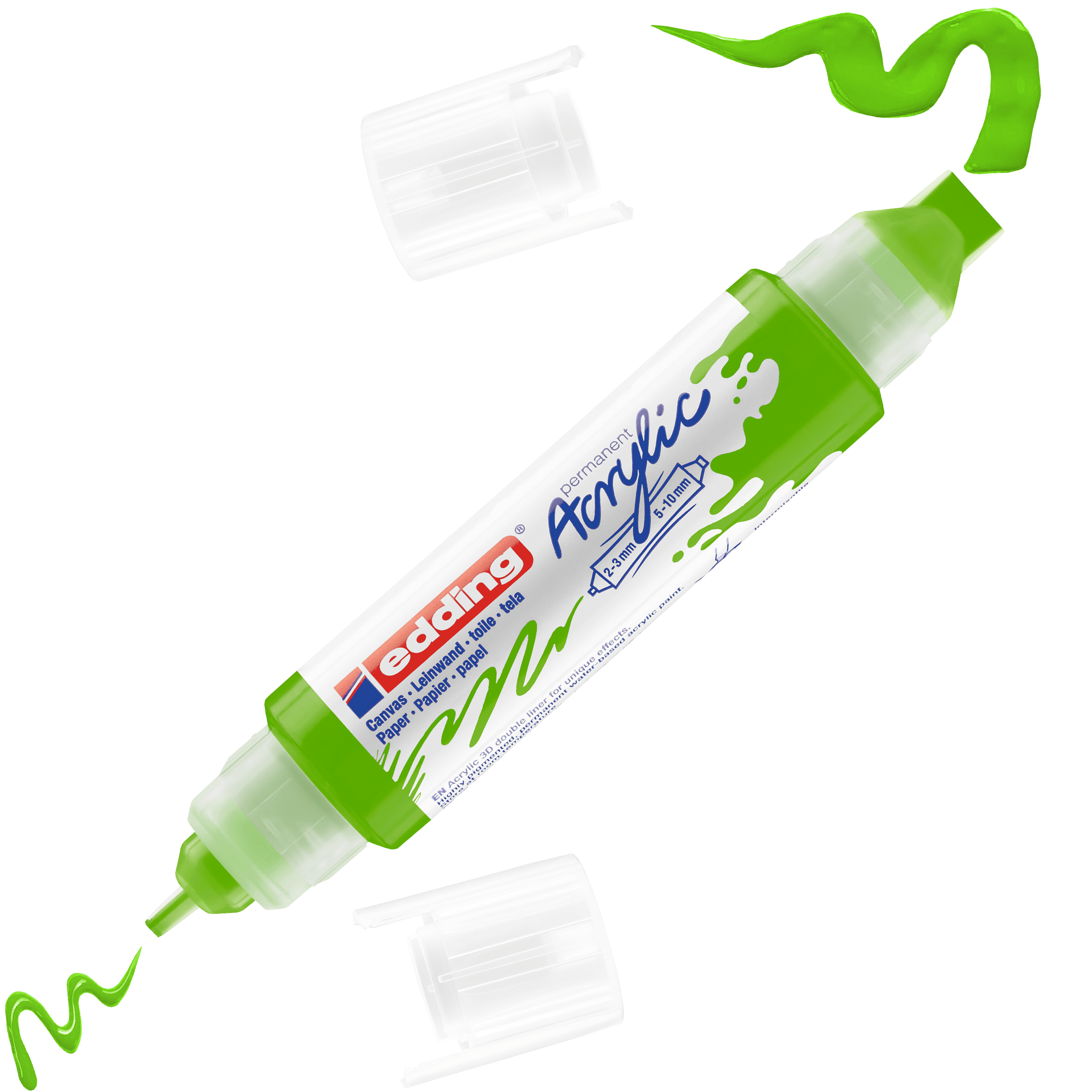 Ein doppelseitiger edding 5400 Acryl 3D Double Liner von edding in Grün mit zwei entfernten Kappen daneben. Beide Spitzen zeigen leuchtend grüne Acrylfarbe und an jedem Ende ziehen sich verschnörkelte Linien – ideal für 3D-Effekte.