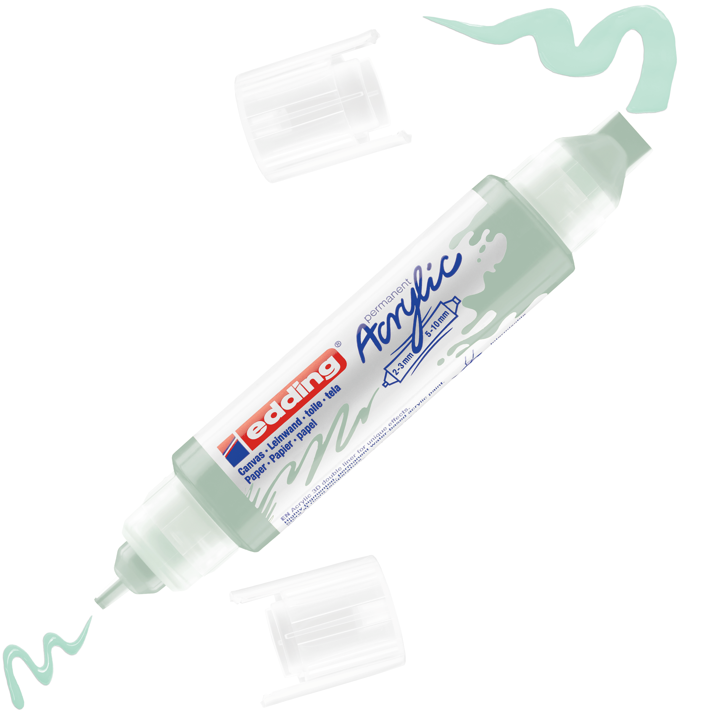 Ein doppelseitiger edding 5400 Acryl 3D Double Liner von edding in Hellgrün, beide Kappen abgenommen und nebeneinander gelegt. Sichtbare Kritzeleien zeigen die leuchtende Farbe und den unverwechselbaren 3D-Double-Liner-Effekt.