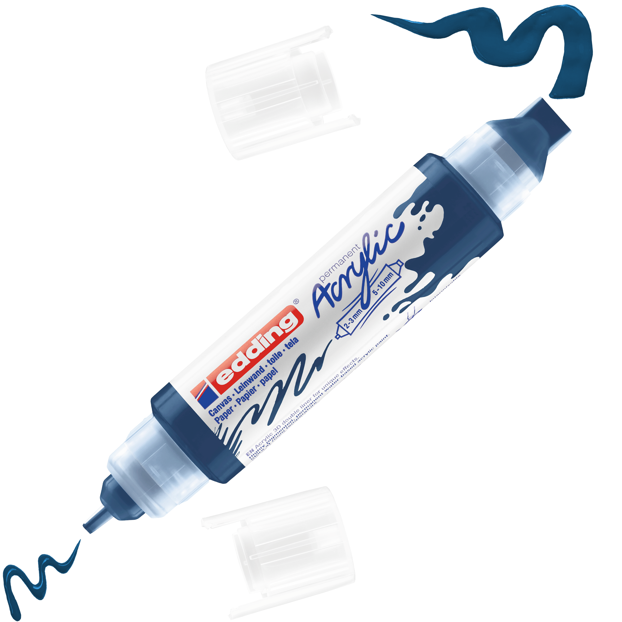 Der edding 5400 Acryl 3D Double Liner ist ein blauer Doppelmarker mit sichtbaren Spitzen, leuchtend blauen Acryllinien an beiden Enden und entfernten transparenten Kappen. Das Etikett hebt die Marke edding und den 3D Double Liner mit einem Farbmuster hervor.