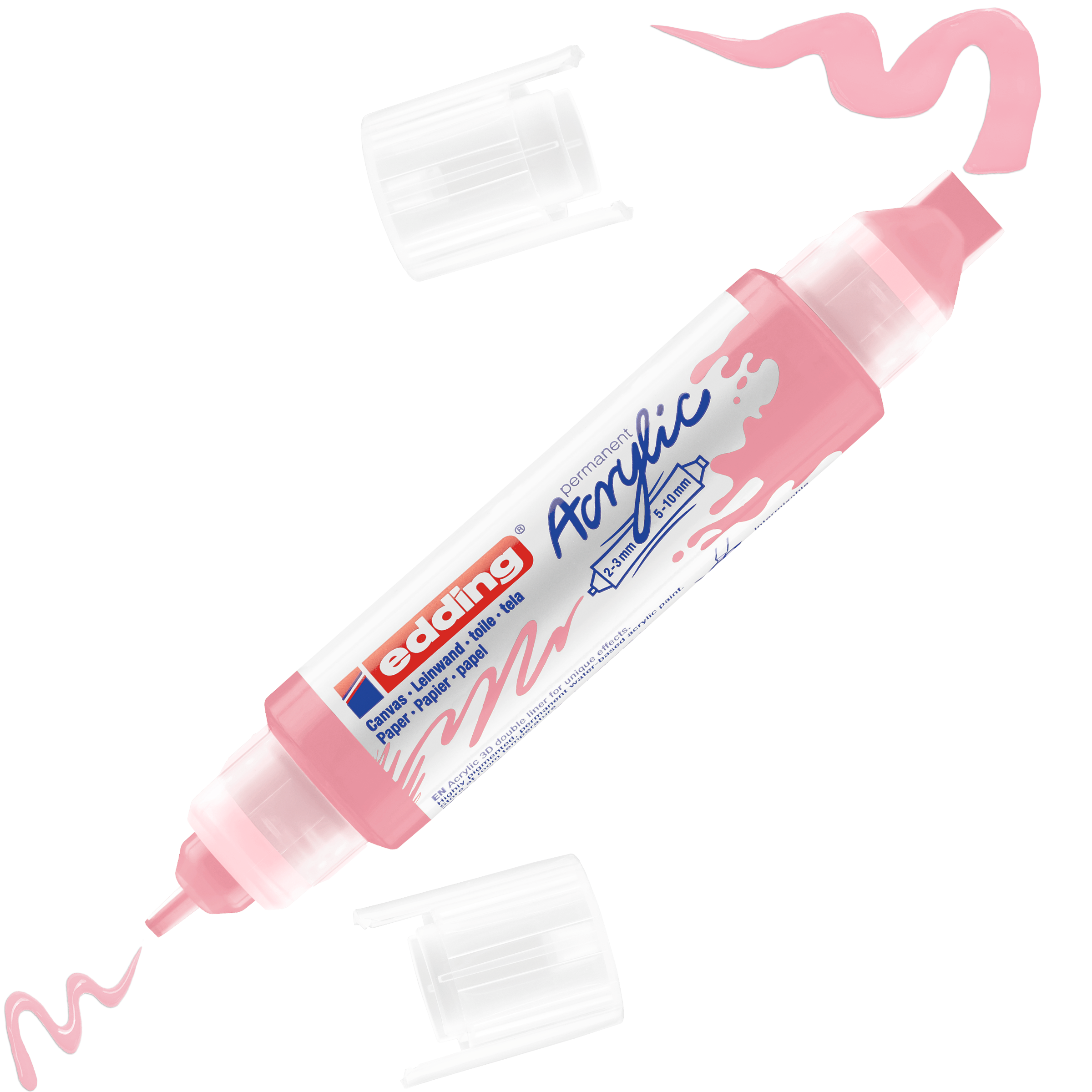 Ein pinkfarbener doppelseitiger edding 5400 Acryl 3D Double Liner mit abgenommenen Kappen, sodass die Farblinien an jeder Spitze sichtbar sind. Auf dem Etikett steht „edding Acryl 3D Double Liner“, ideal für detaillierte Acryl- oder erhabene 3D-Liner-Effekte.