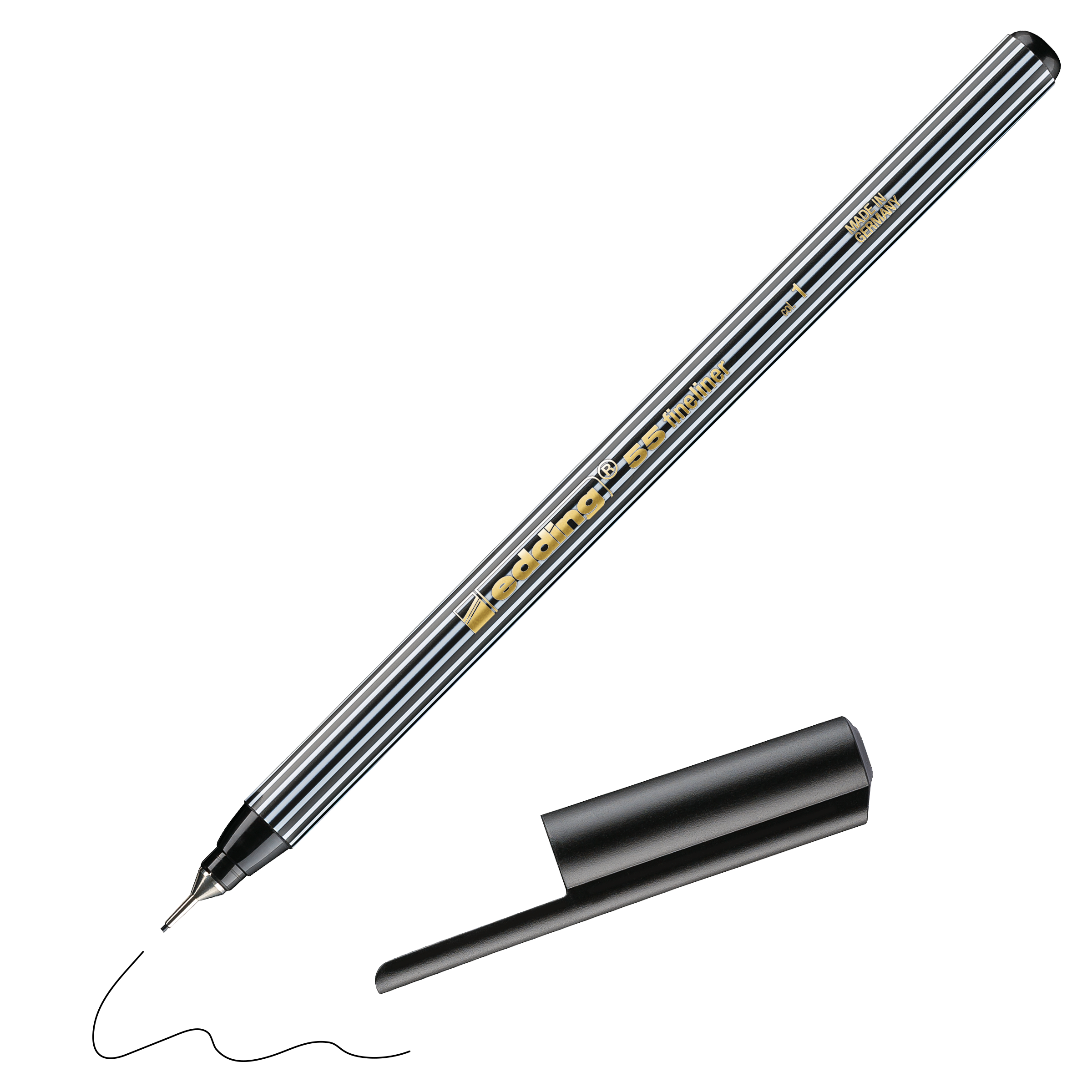 Der edding 55 Fineliner von edding, diagonal auf weißem Untergrund abgebildet, zeigt bei abgenommener Kappe schwarz-weiße Streifen und gibt den Blick auf die feine Spitze frei. Hergestellt in Deutschland.