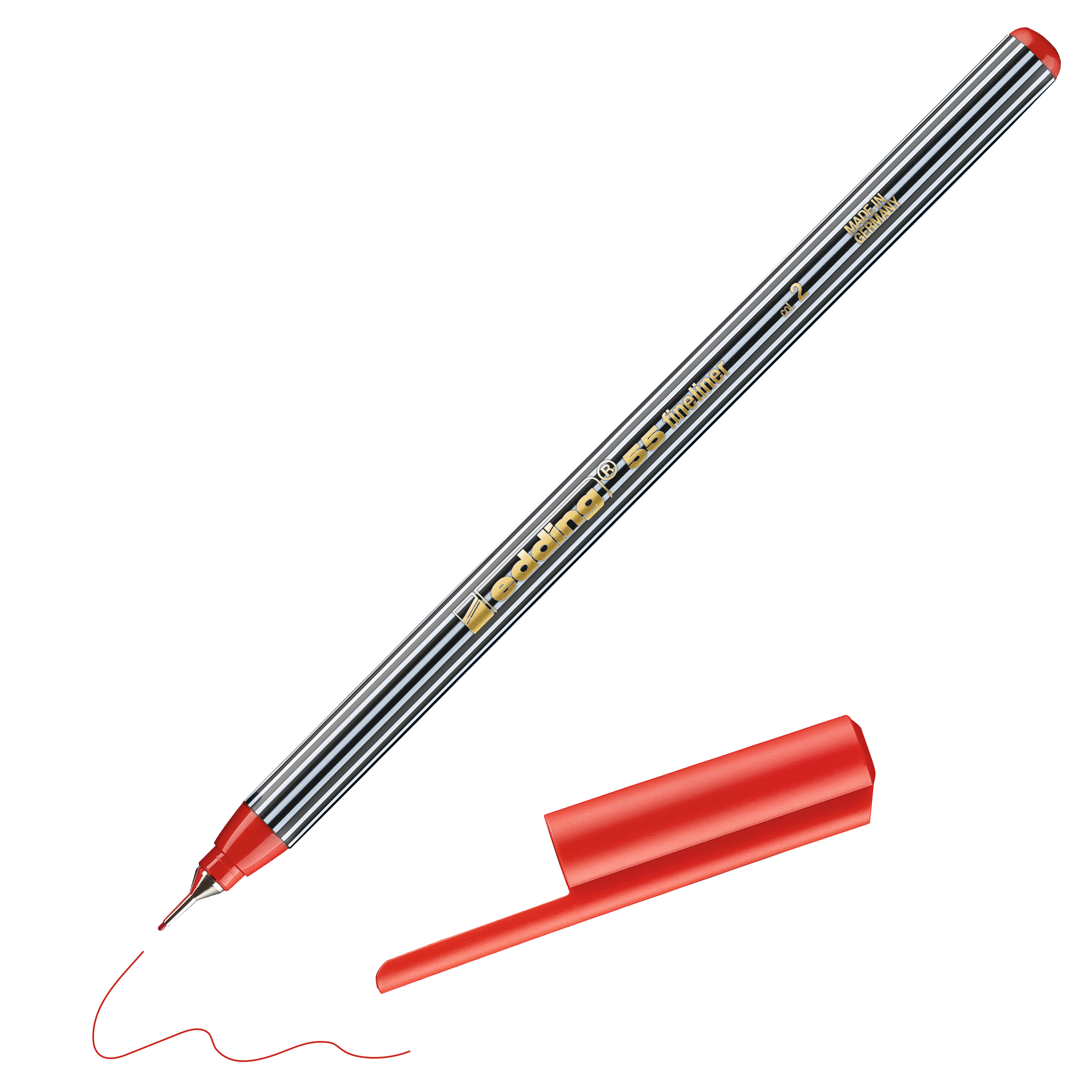 Ein edding 55 Fineliner von edding, Made in Germany, mit gestreiftem Schaft und abgenommener roter Kappe liegt schräg und zeichnet dabei eine rote Wellenlinie.
