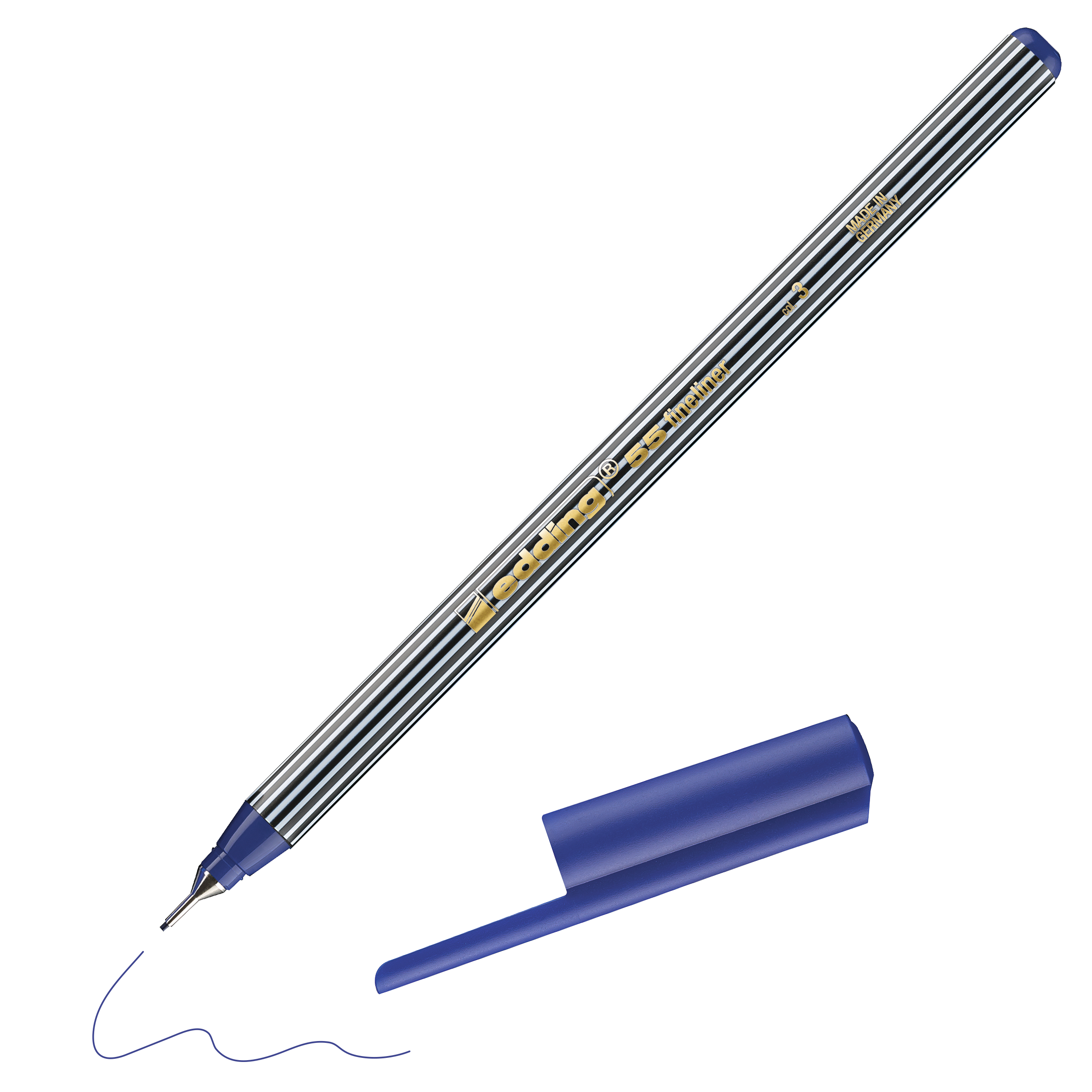 Ein edding 55 Fineliner mit gestreiftem, blauem Schaft liegt diagonal und ist ohne Kappe einsatzbereit, nachdem eine kurze, blaue Wellenlinie gezogen wurde. Hergestellt in Deutschland.