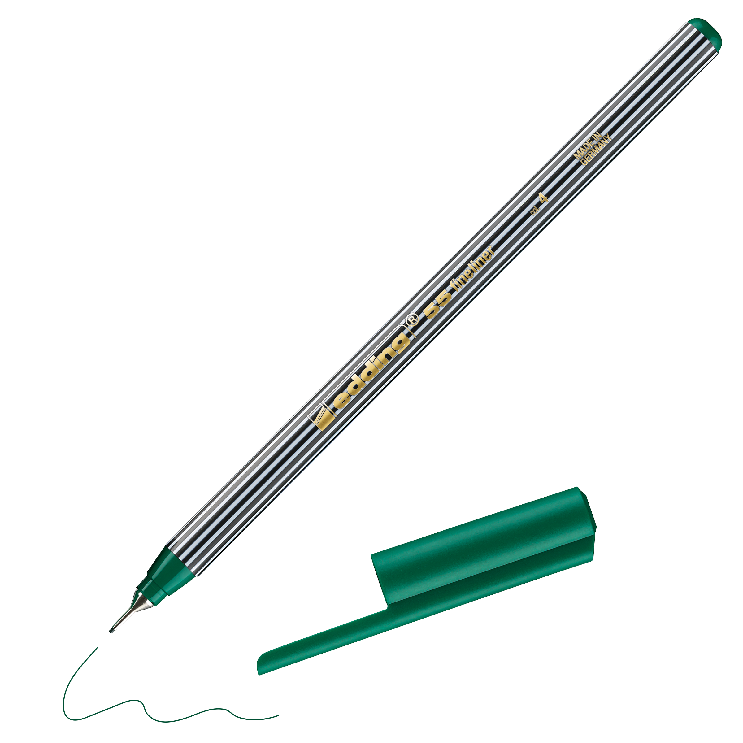 Ein edding 55 Fineliner von edding, abgebildet ohne Kappe, mit gestreiftem silber-schwarzem Schaft und der Aufschrift „edding 55“, zeichnet daneben eine wellenförmige grüne Linie. Hergestellt in Deutschland.